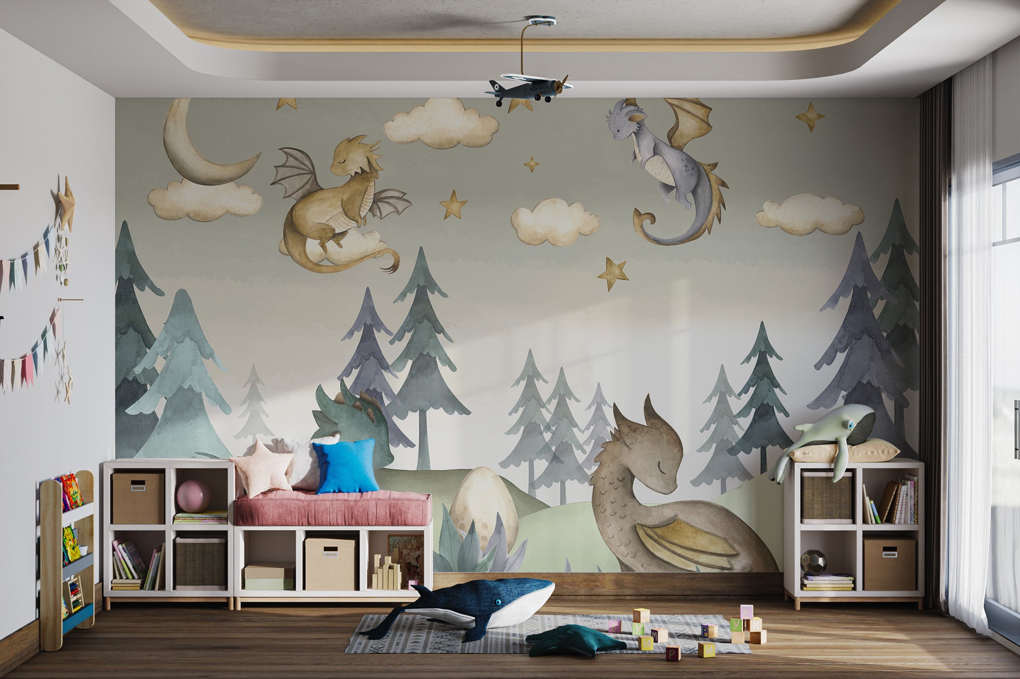 Whimsical wall mural featuring dragons, stars, and clouds against a misty forest backdrop.