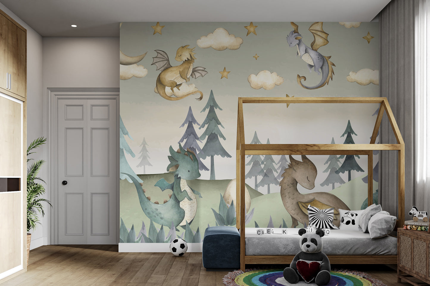 Charming dragon-themed wallpaper featuring sleeping and flying dragons in a serene landscape.