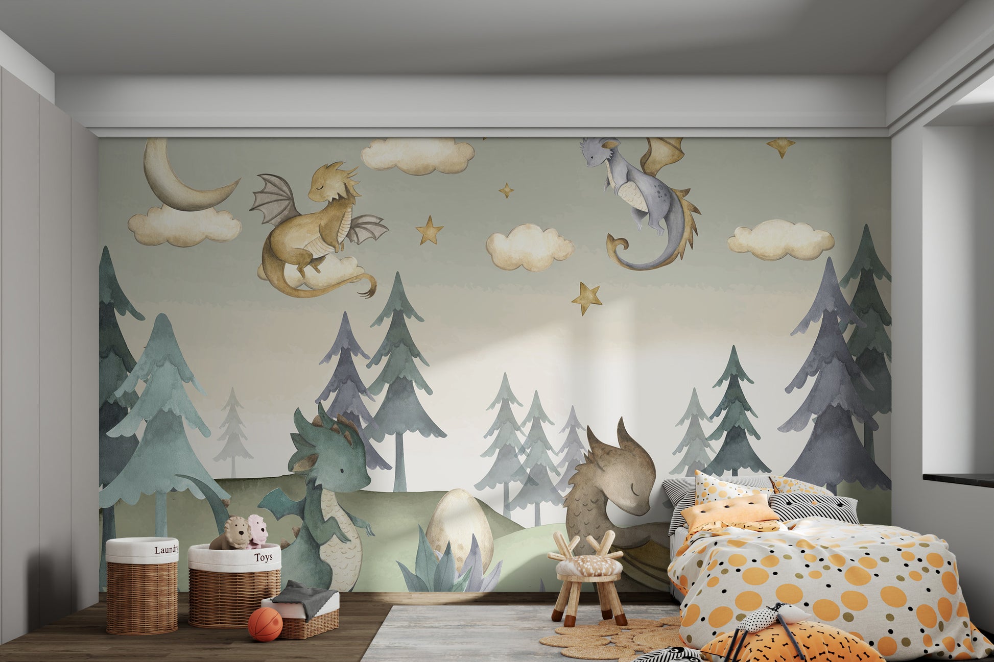 Magical dragon mural showcasing a forest under moonlight with dragons, stars, and clouds.