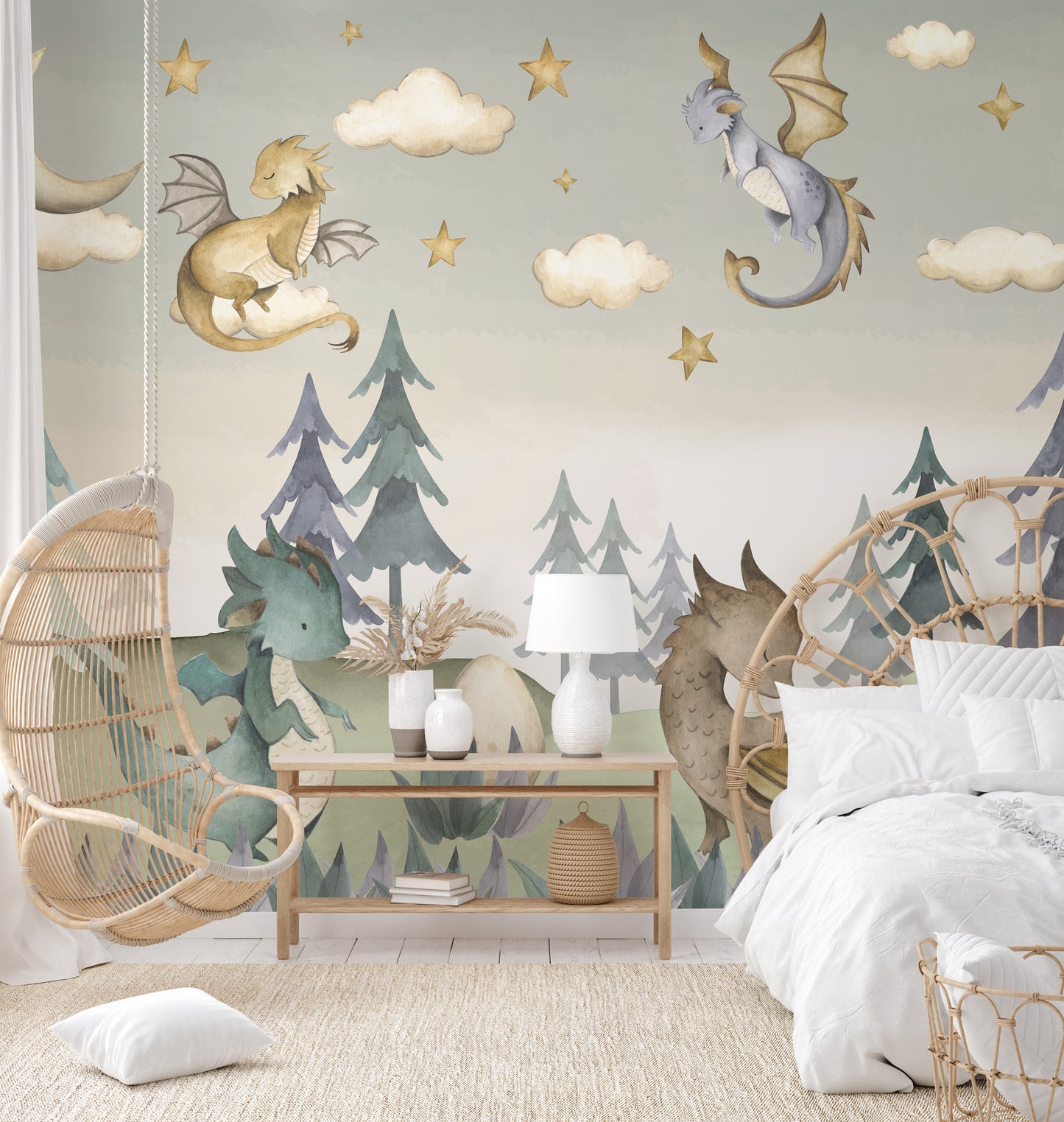 Baby dragons flying and resting under a dreamy sky filled with fluffy clouds and stars.