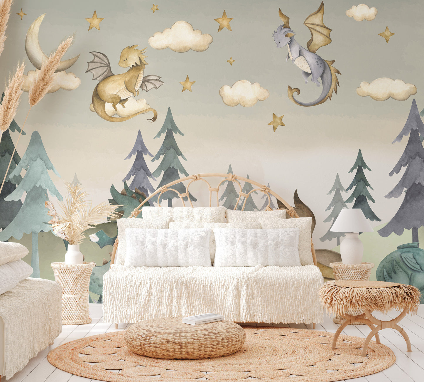 Forest-themed dragon mural with soft green hues, flying dragons, and celestial elements.