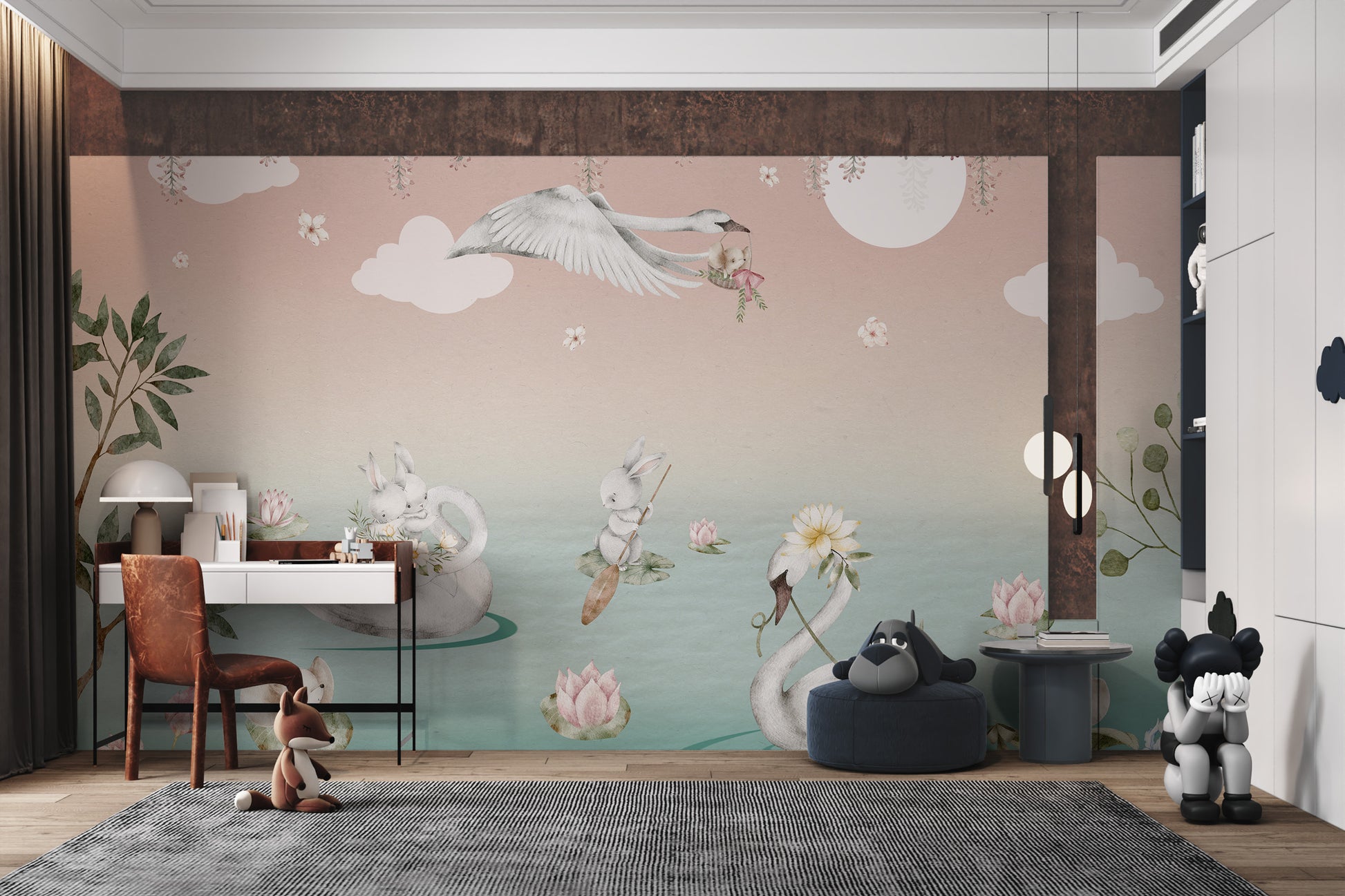 Elegant swans and rabbits in a pastel-colored lake scene.