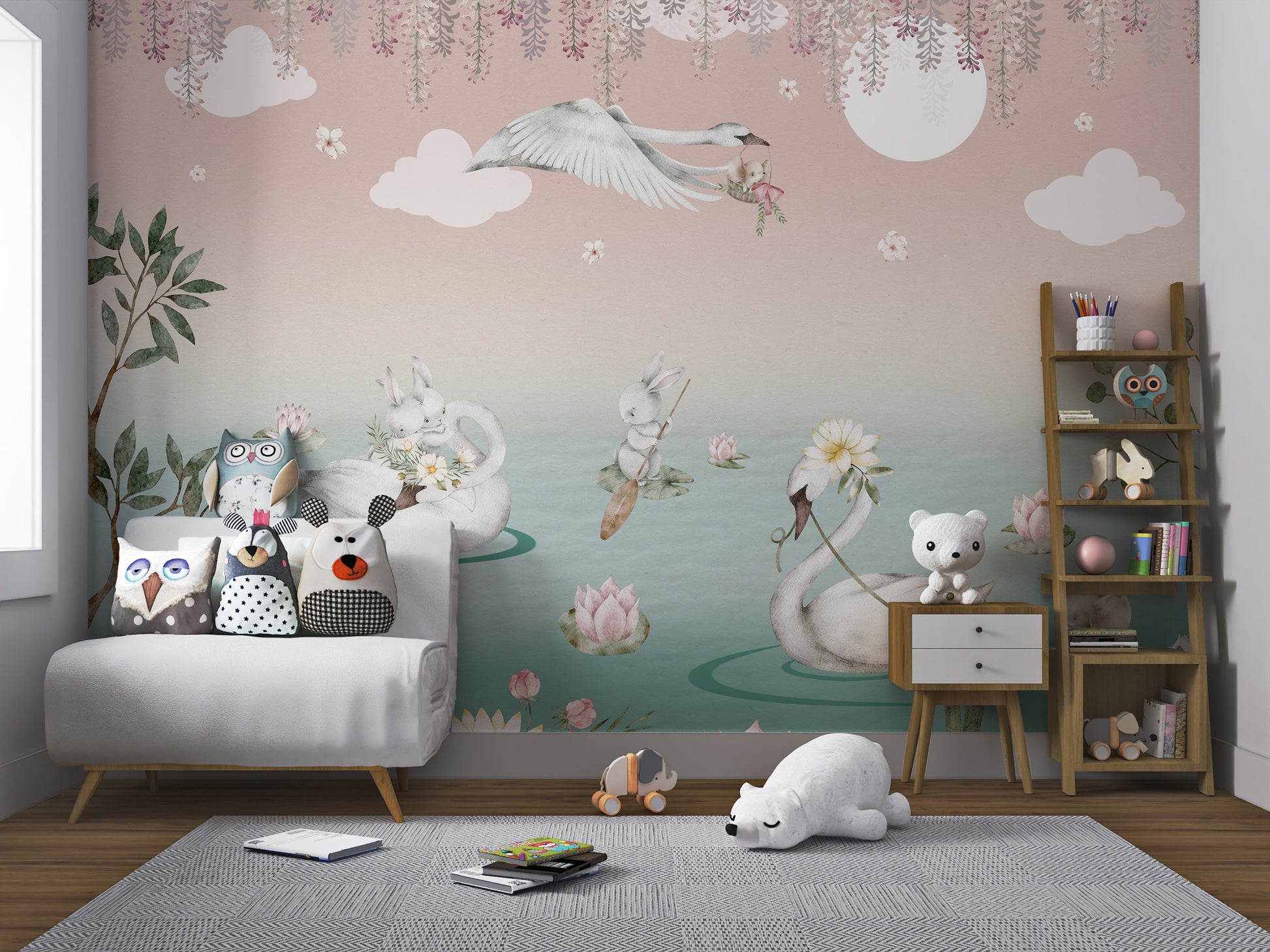 Rabbits and swans in a fairytale-like floral lake mural.