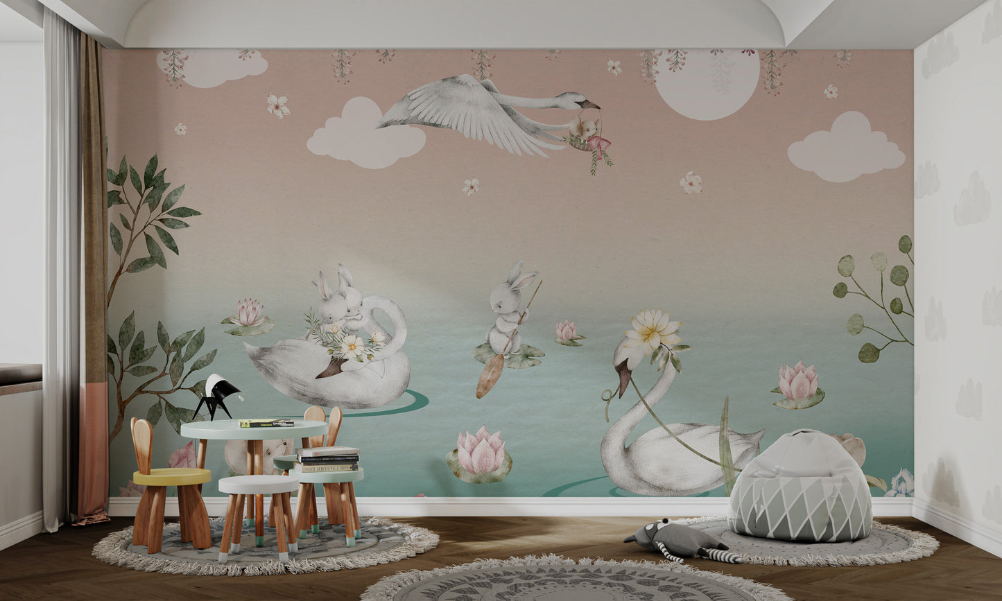 Baby animals and flowers decorating a dreamy swan lake mural.