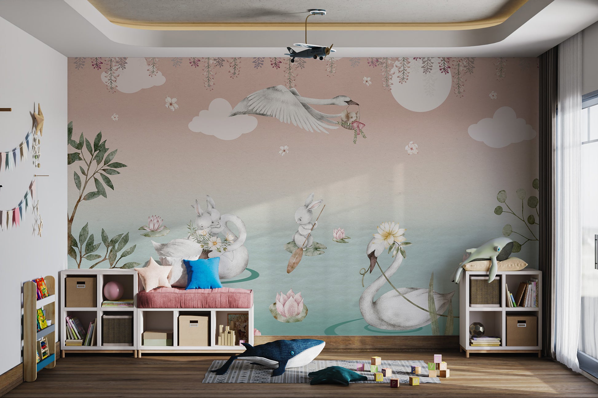 Baby animals and flowers decorating a dreamy swan lake mural.