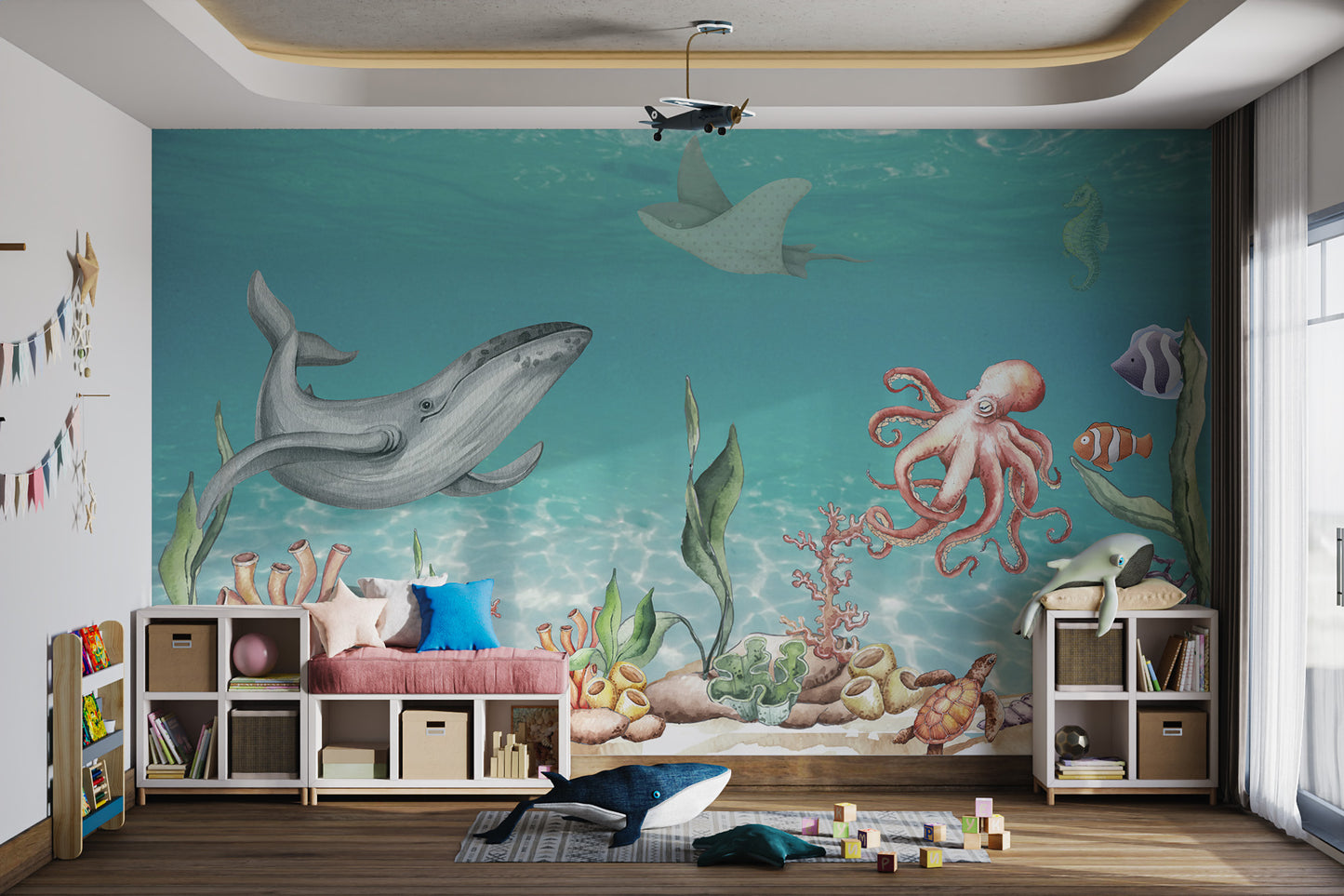 Marine life mural with fish, starfish, and seahorse in turquoise waters.