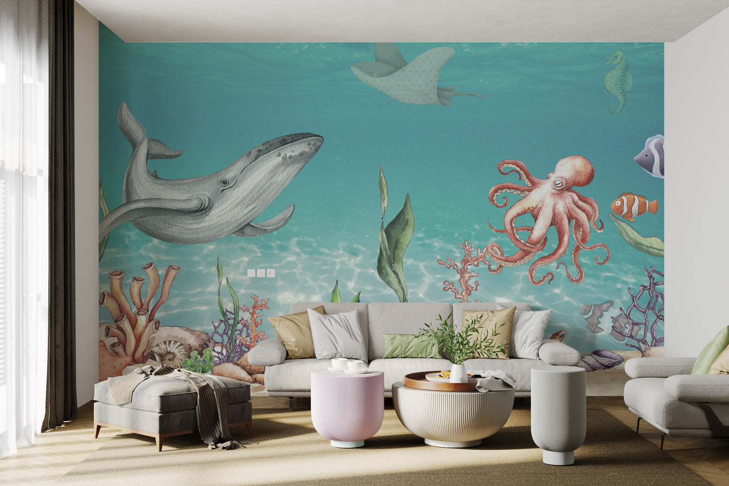 Ocean mural showcasing diverse sea creatures in clear blue water.