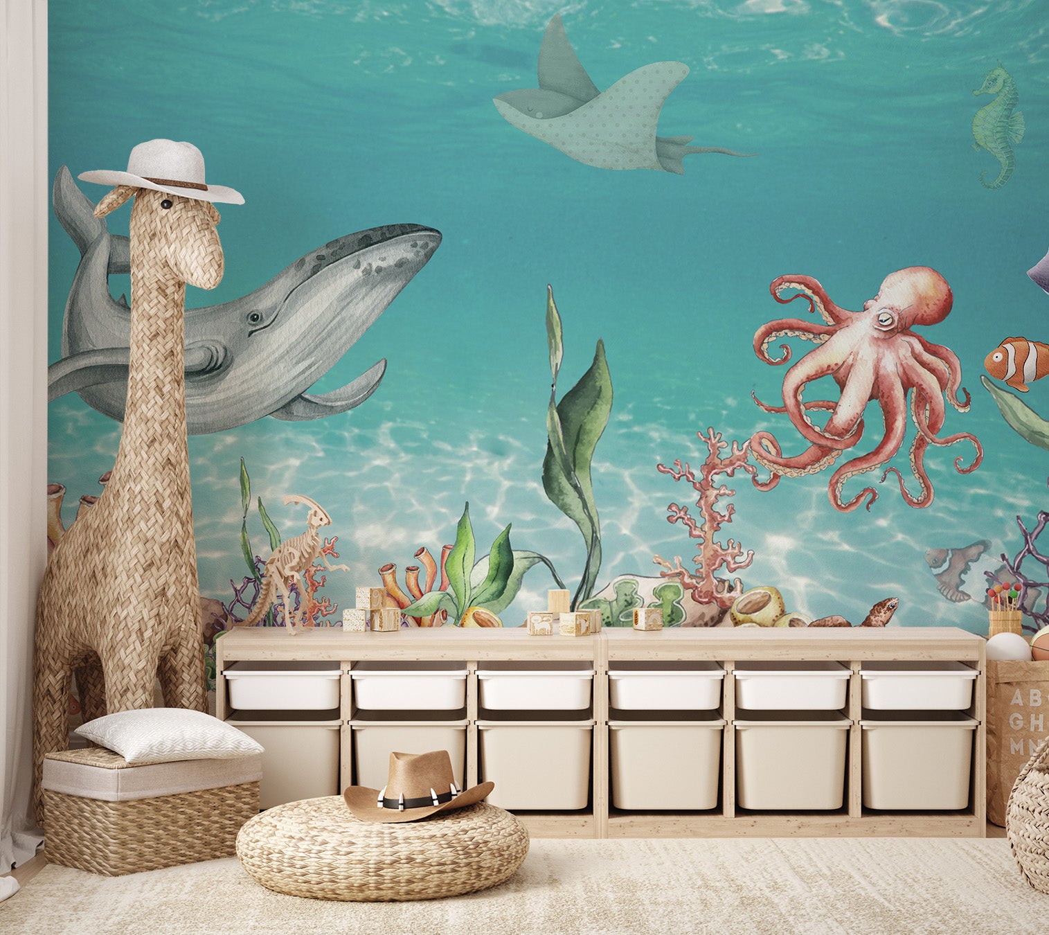 Underwater mural featuring a whale, octopus, and coral reef.