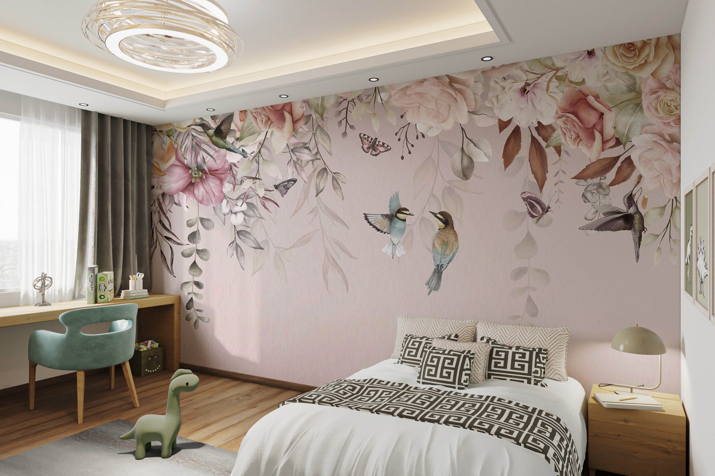 Elegant vintage mural with flowers, hummingbirds, and pastel-toned foliage.