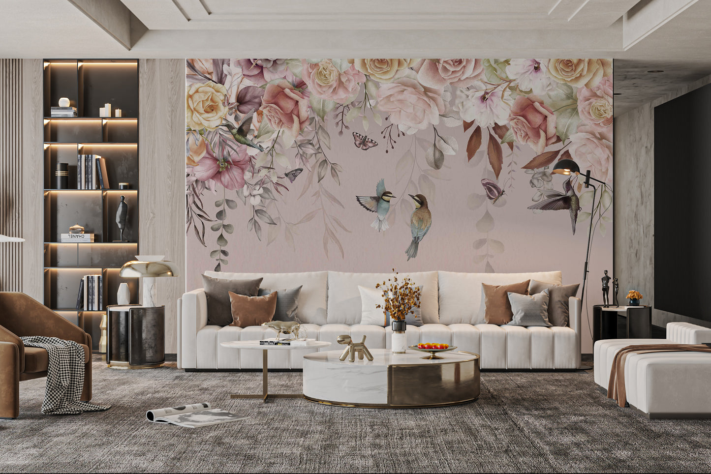 Romantic floral mural with muted tones of pink, beige, and cream roses.