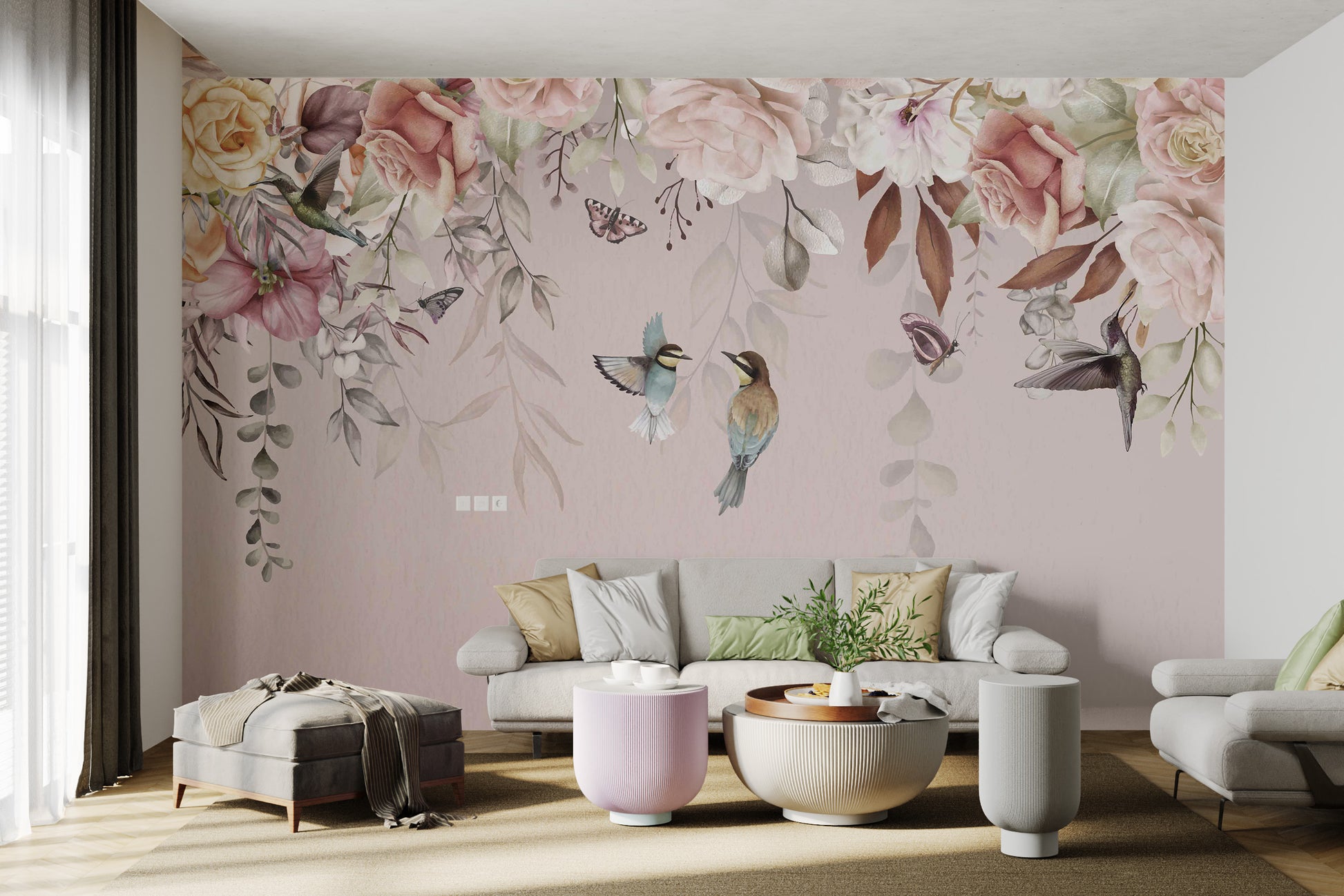 Charming pastel mural featuring delicate flowers, hummingbirds, and butterflies.