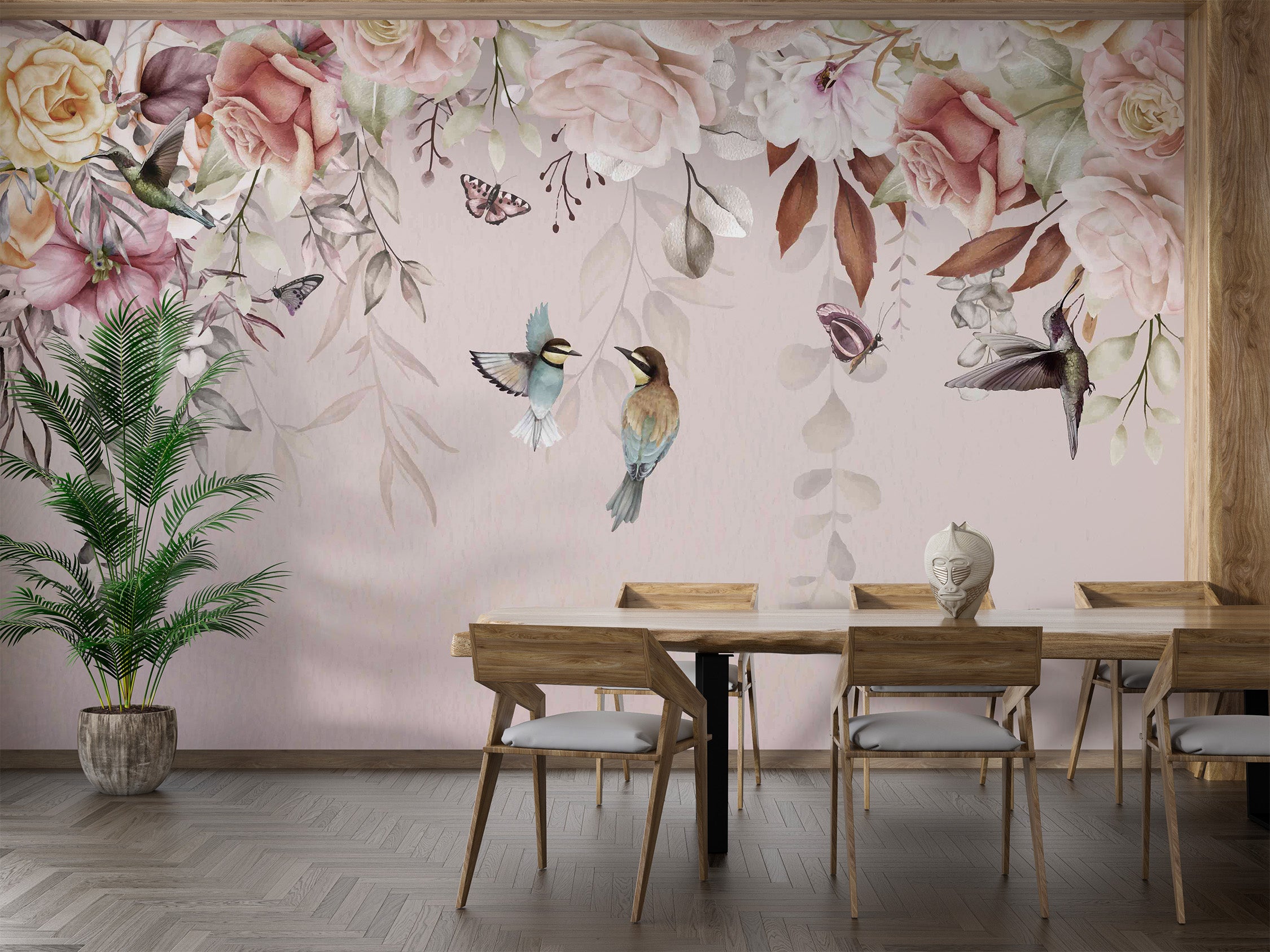 Soft watercolor floral mural with whimsical wildlife and light botanical elements.