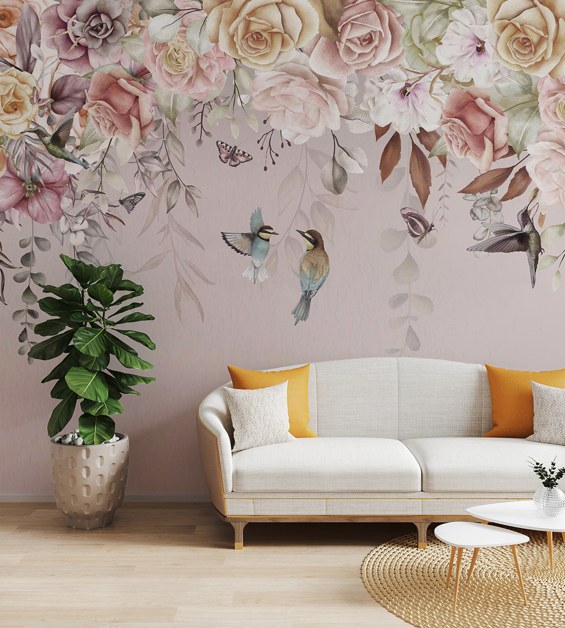 Vintage floral mural with pastel-colored roses, peonies, and eucalyptus leaves.