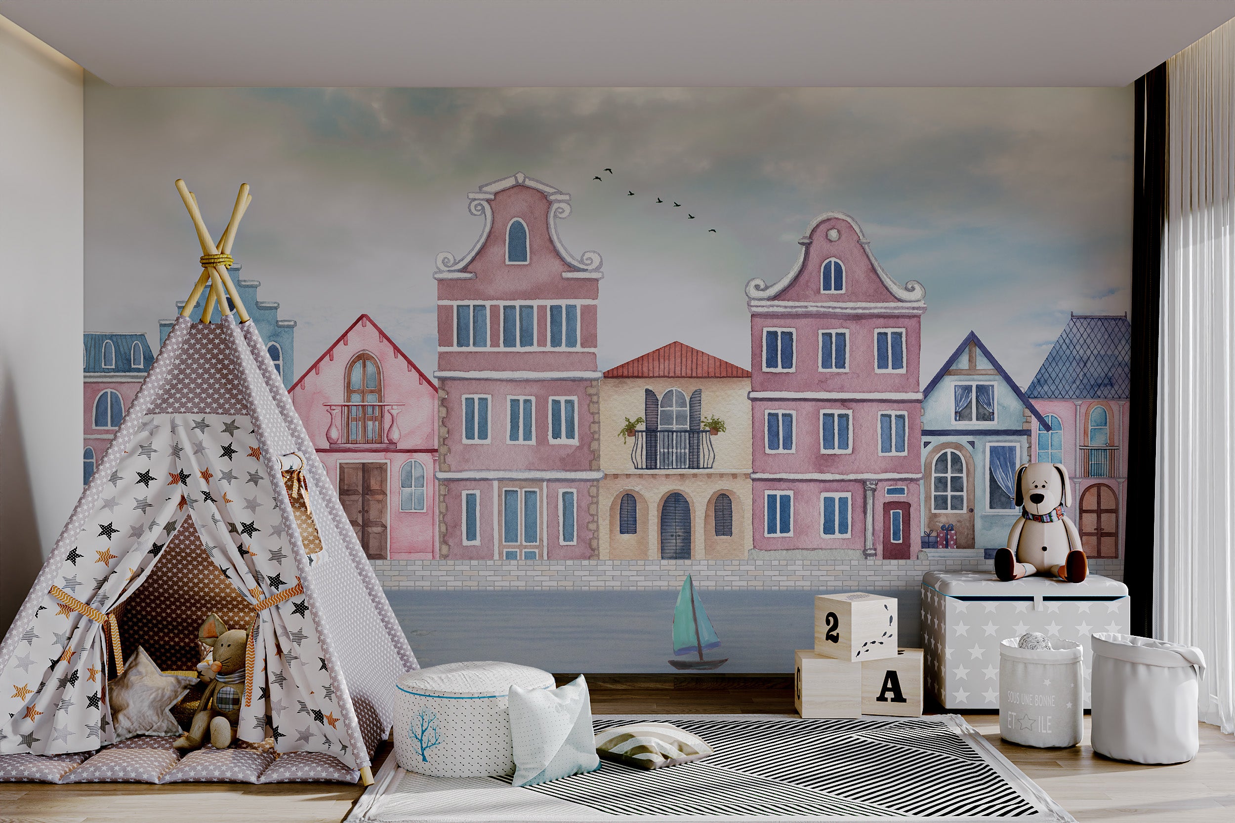 Seaside town mural featuring pink, blue, and beige homes with boats.