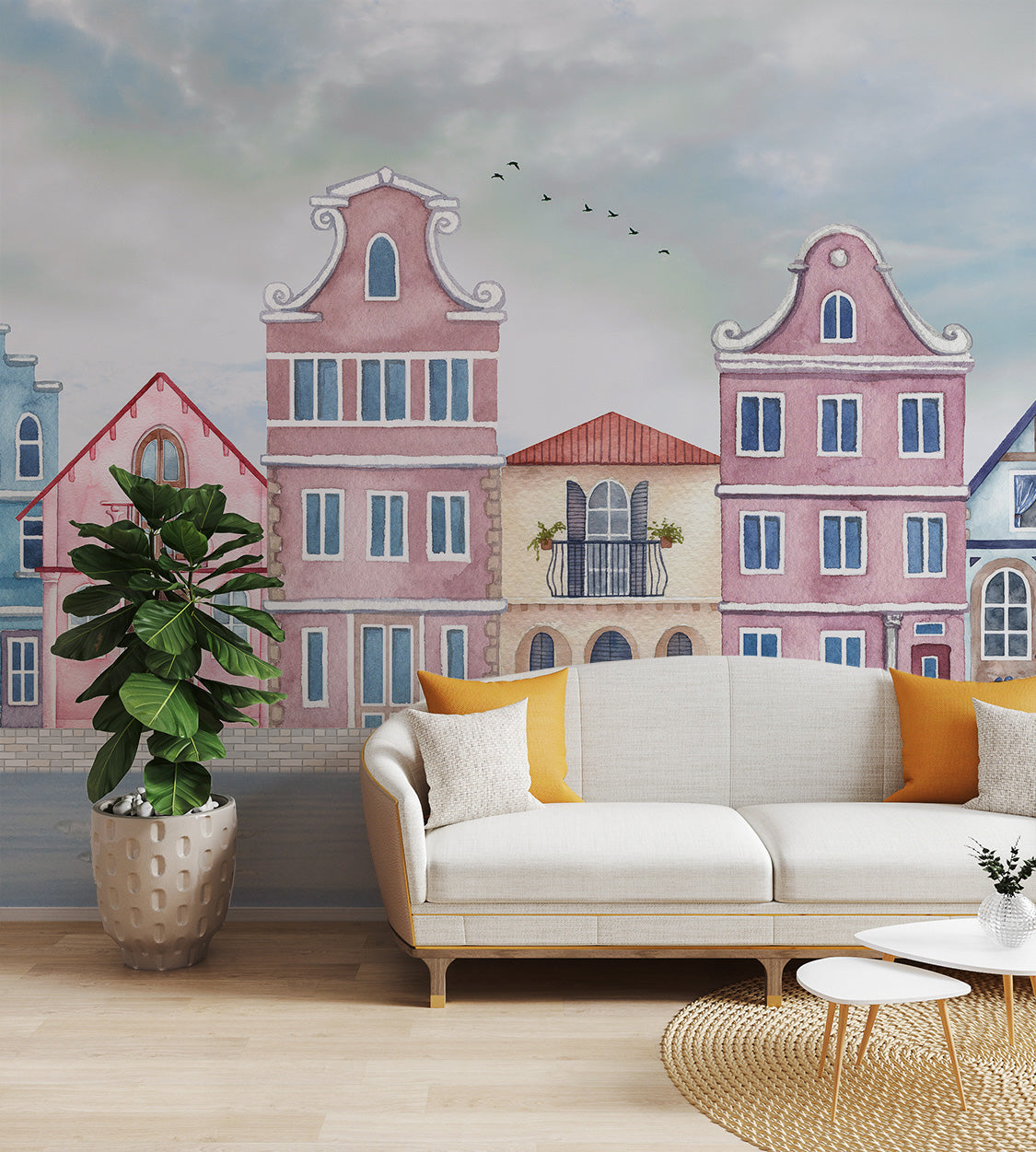 Playful mural of colorful townhouses beside a calm coastal bay.