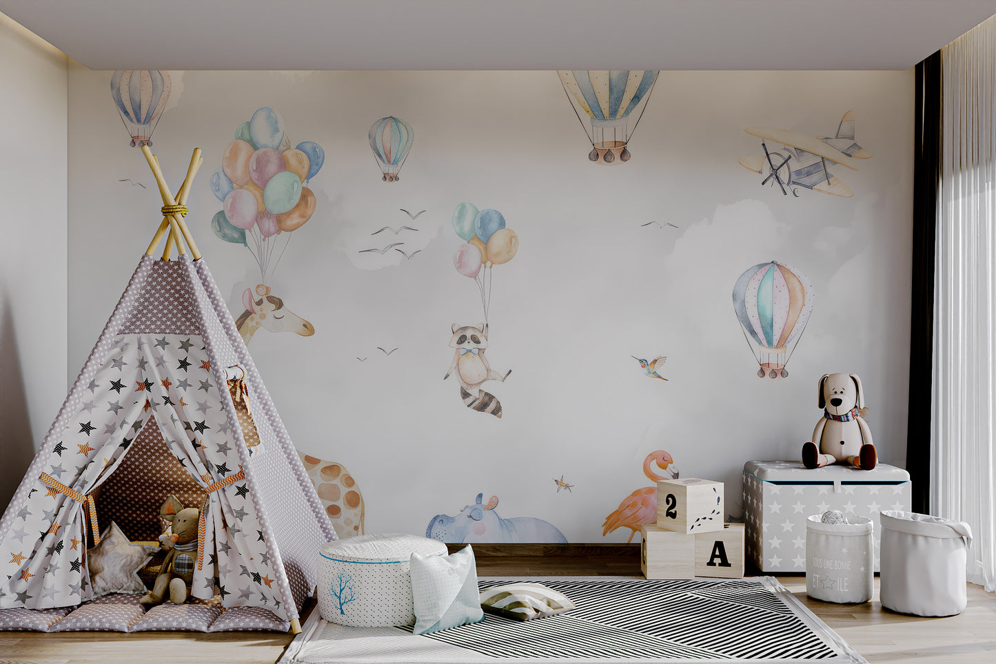 Whimsical hot air balloons and animals in a safari-themed mural.