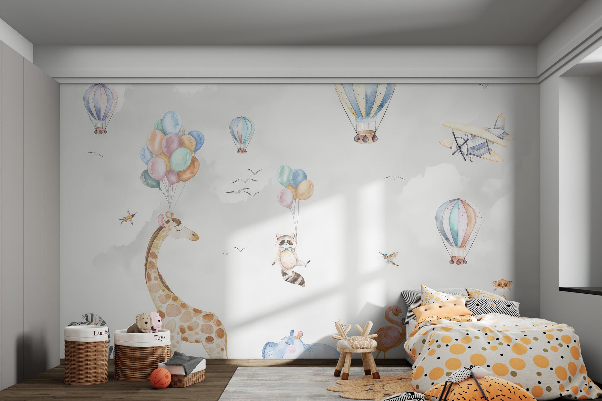 Hot air balloons with pastel tones floating above safari animals.