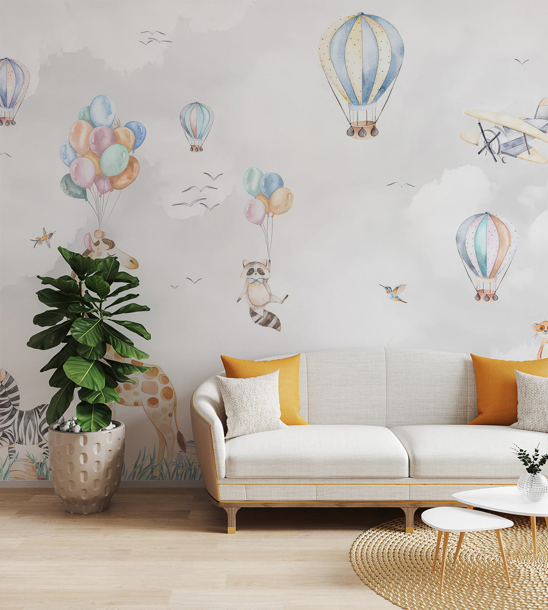 Pastel balloons and flying animals creating a playful safari mural.