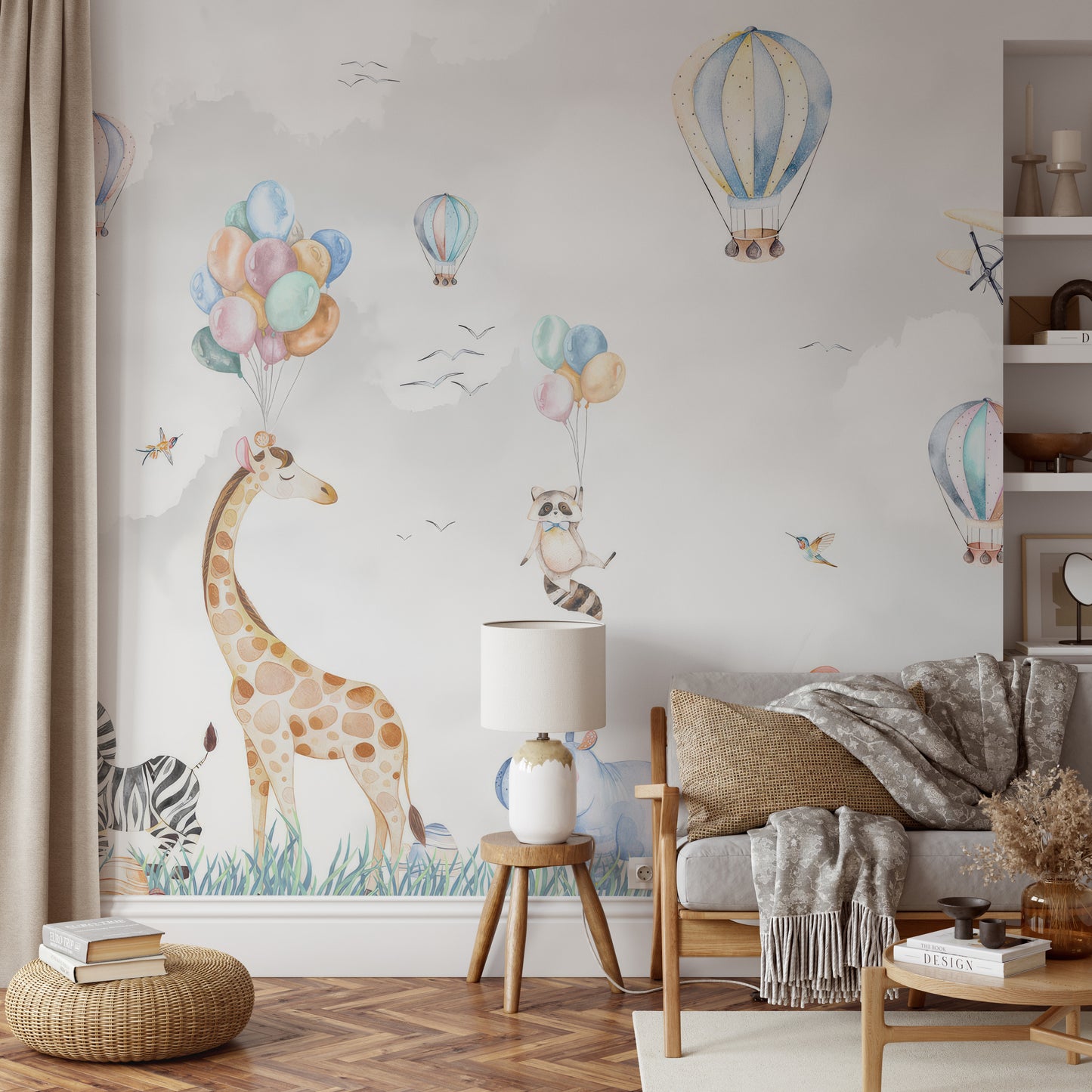 Animals and balloons flying in a whimsical safari-themed mural.