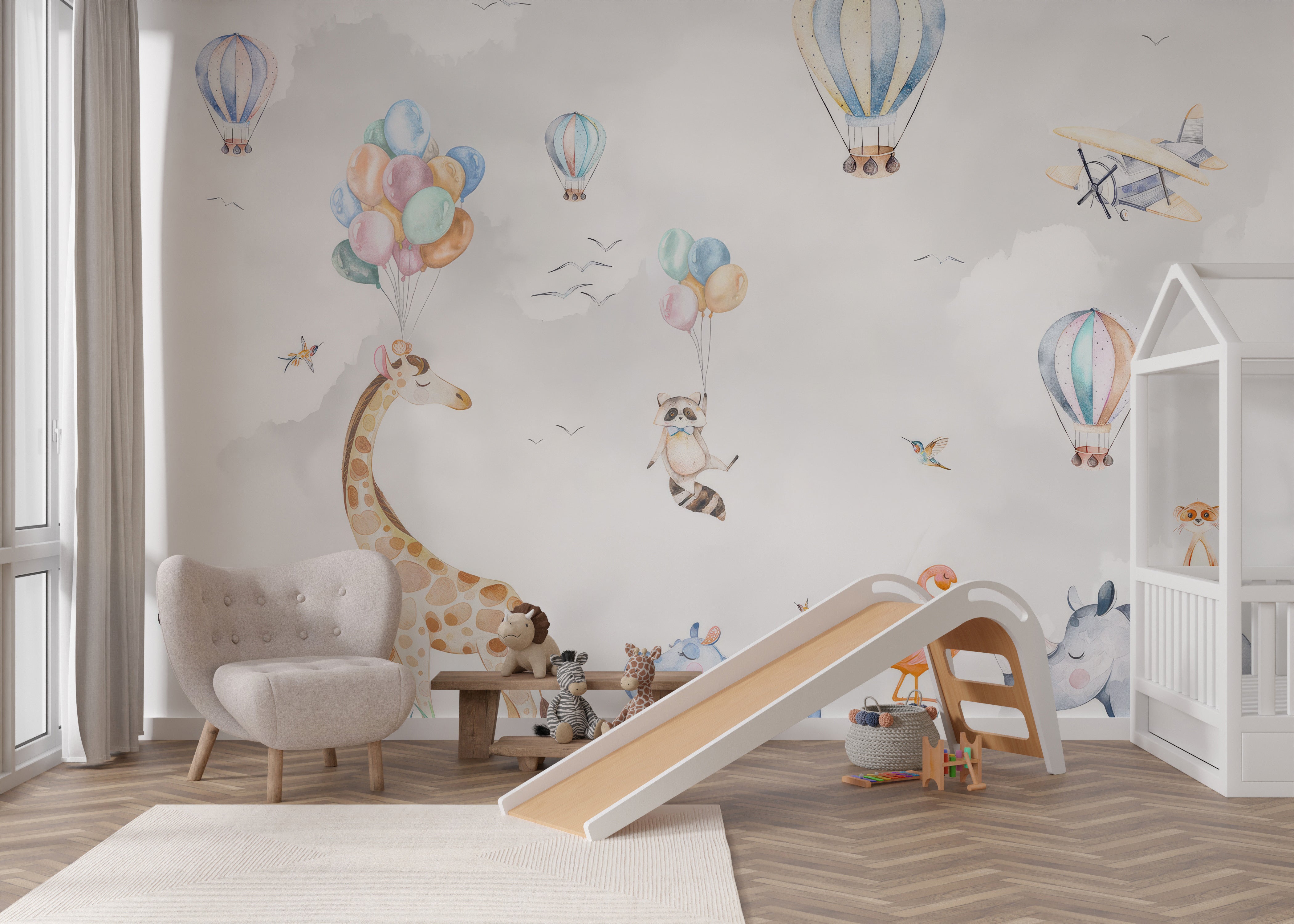 Hot air balloons, a plane, and animals in a festive wall mural scene.