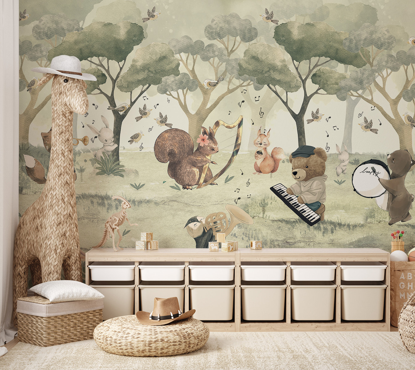 Whimsical forest concert with animals playing musical instruments.