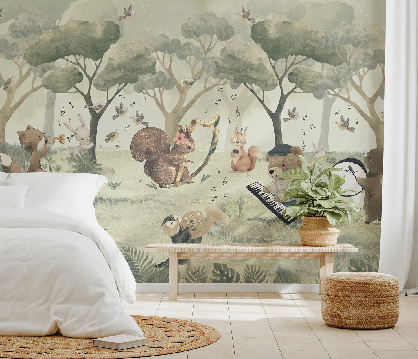 Charming wildlife scene with animals playing instruments in a whimsical forest.