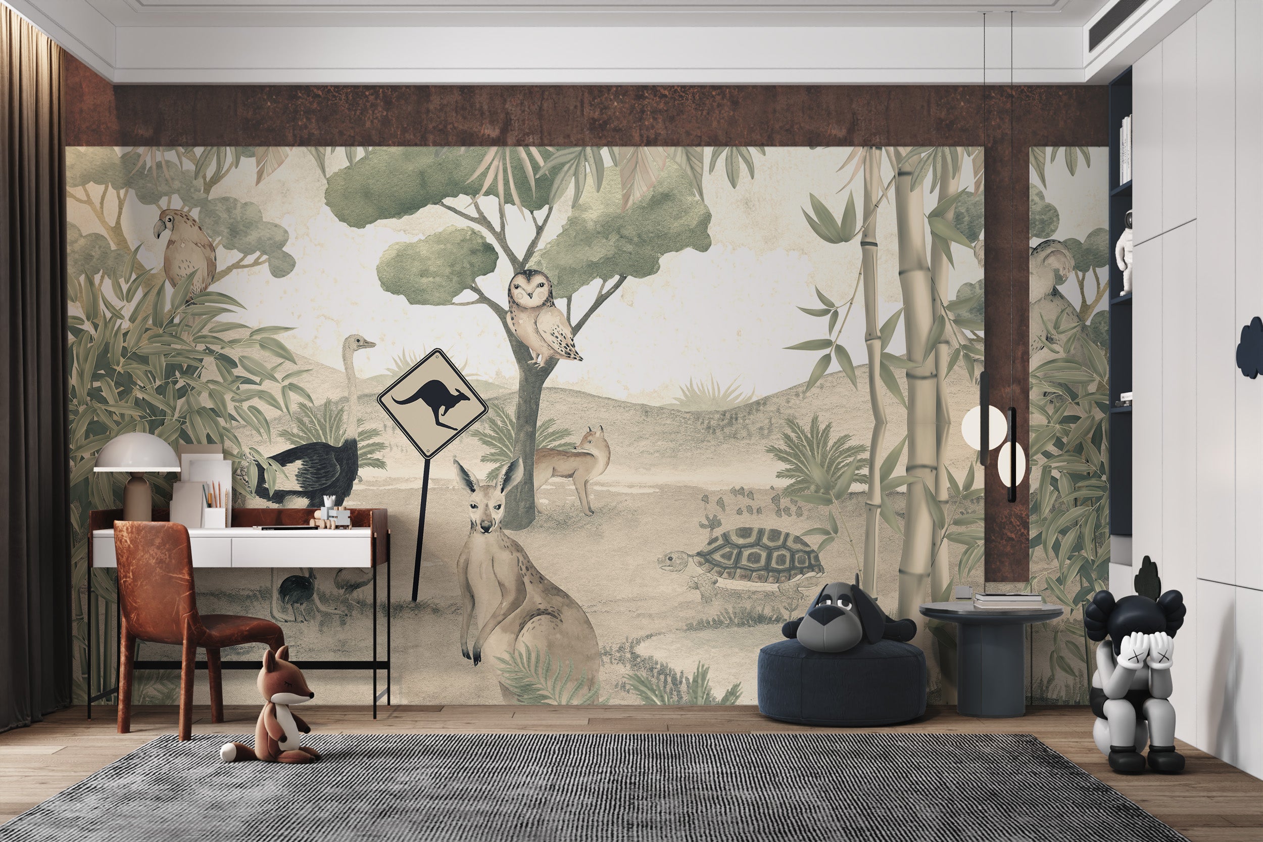 Fantasy mural featuring a kangaroo, ostrich, and koala nestled in a serene landscape.