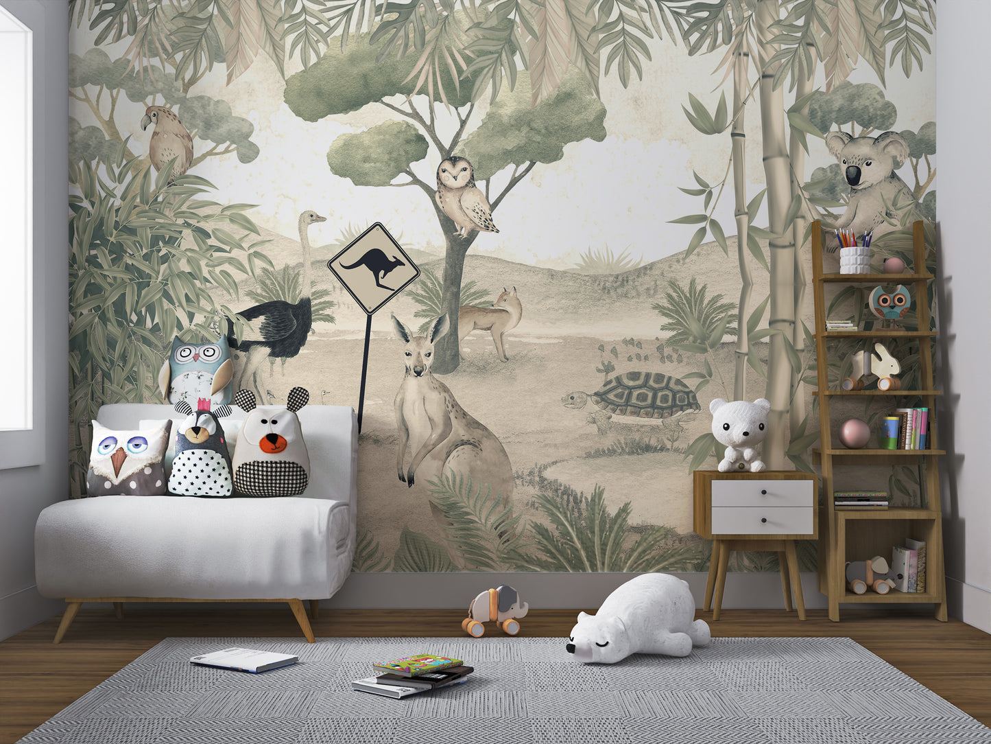 Fantasy mural featuring a kangaroo, ostrich, and koala nestled in a serene landscape.