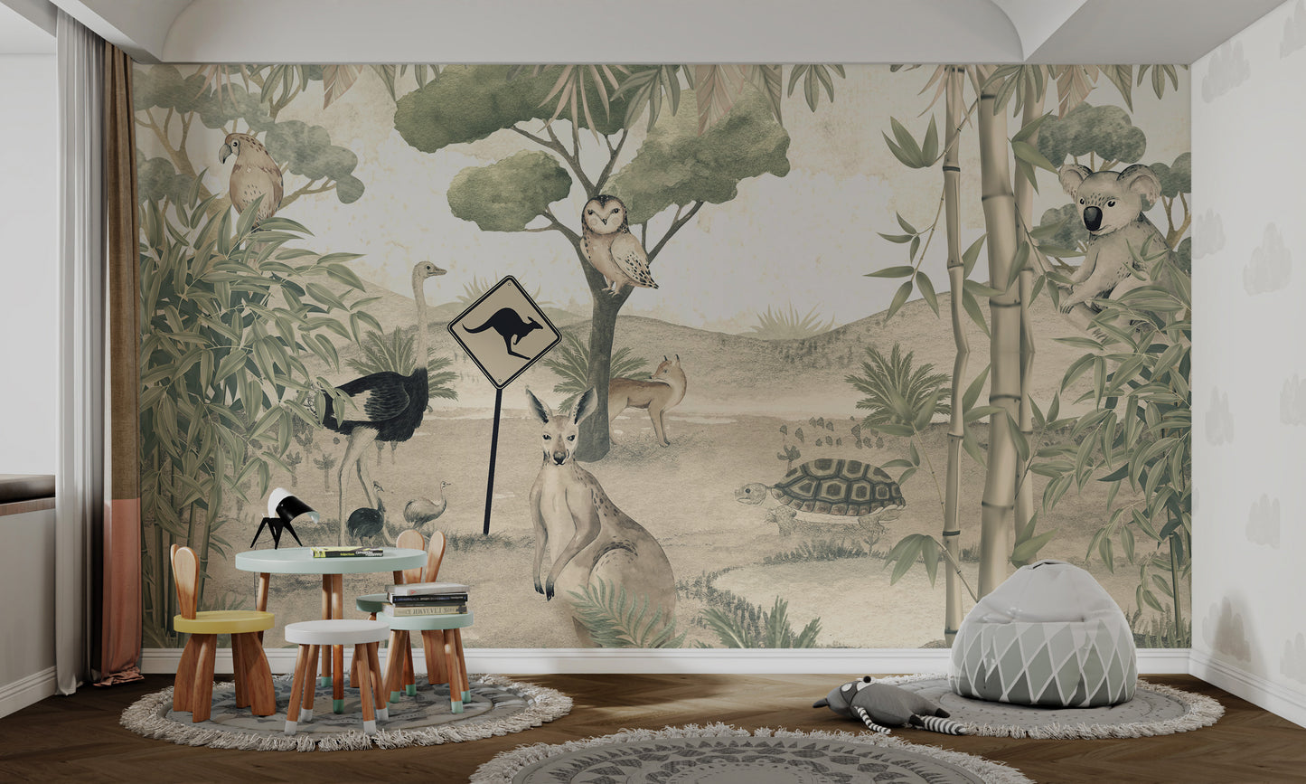 A whimsical Australian wildlife mural featuring kangaroos, koalas, and an emu among lush greenery.