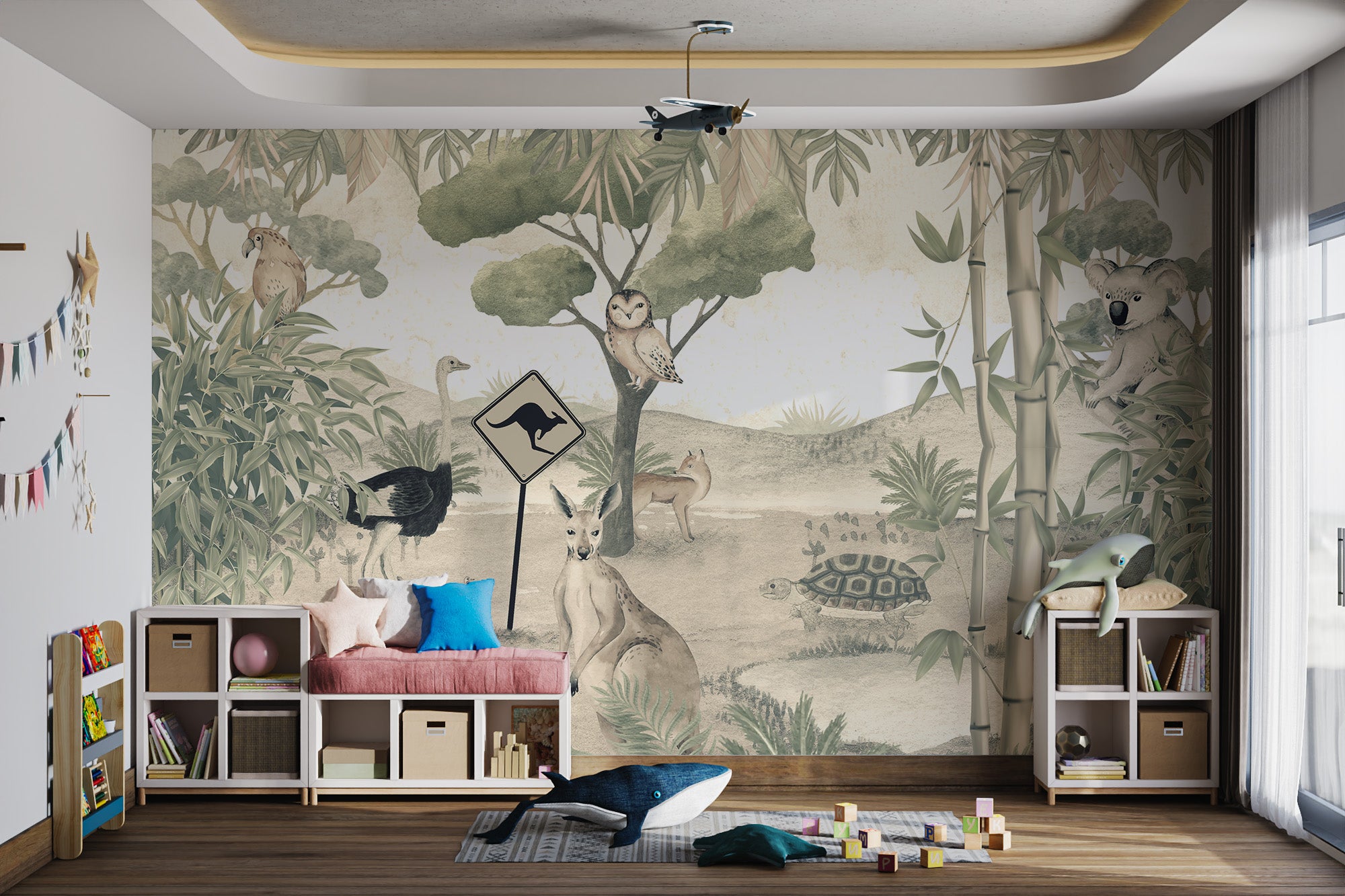 Playful mural scene with a kangaroo crossing sign, a turtle, and Australian animals in nature.