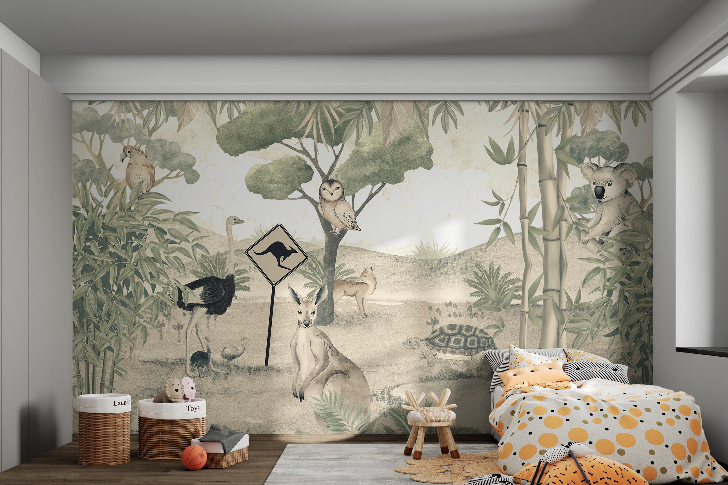 An emu and ostrich walk near a turtle and kangaroo in an Australian-inspired mural.
