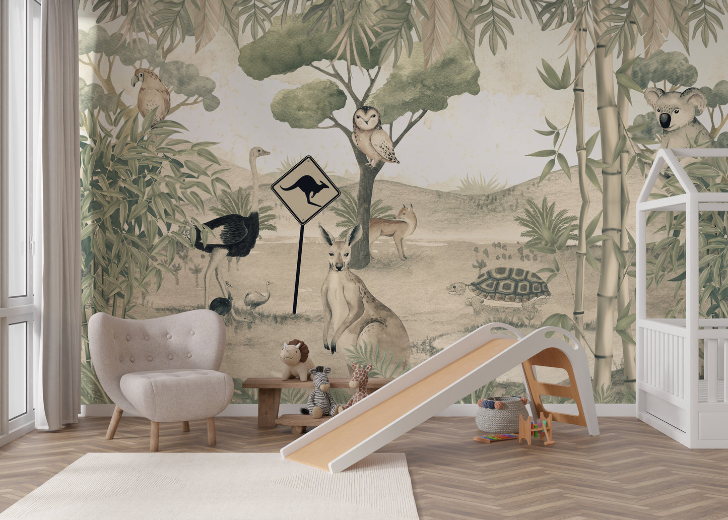 Illustrated Australian-themed mural with a kangaroo crossing sign, emus, and exotic animals.