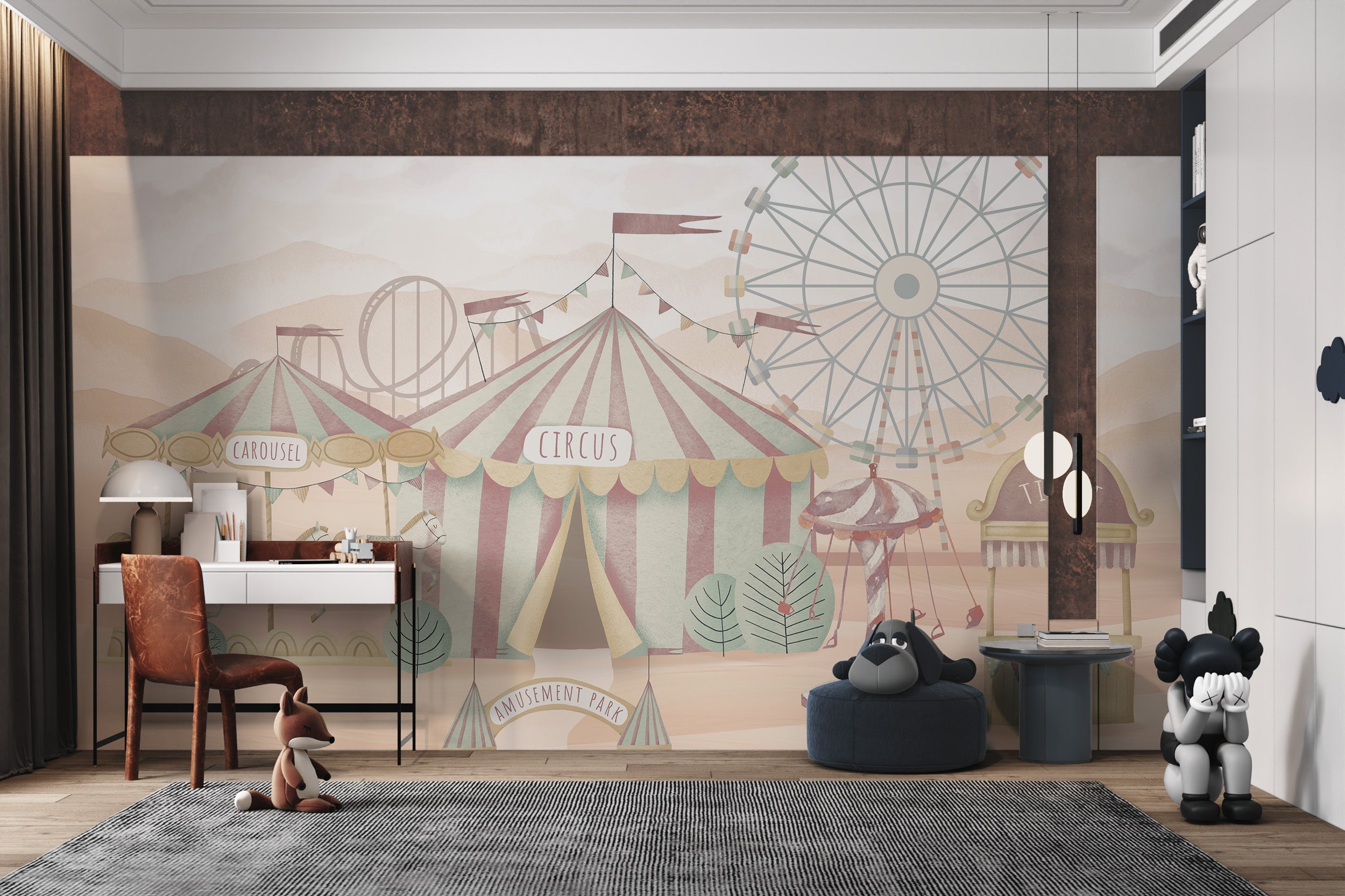 Amusement park mural with a carousel, rollercoaster, Ferris wheel, and circus-themed tent for children’s rooms.