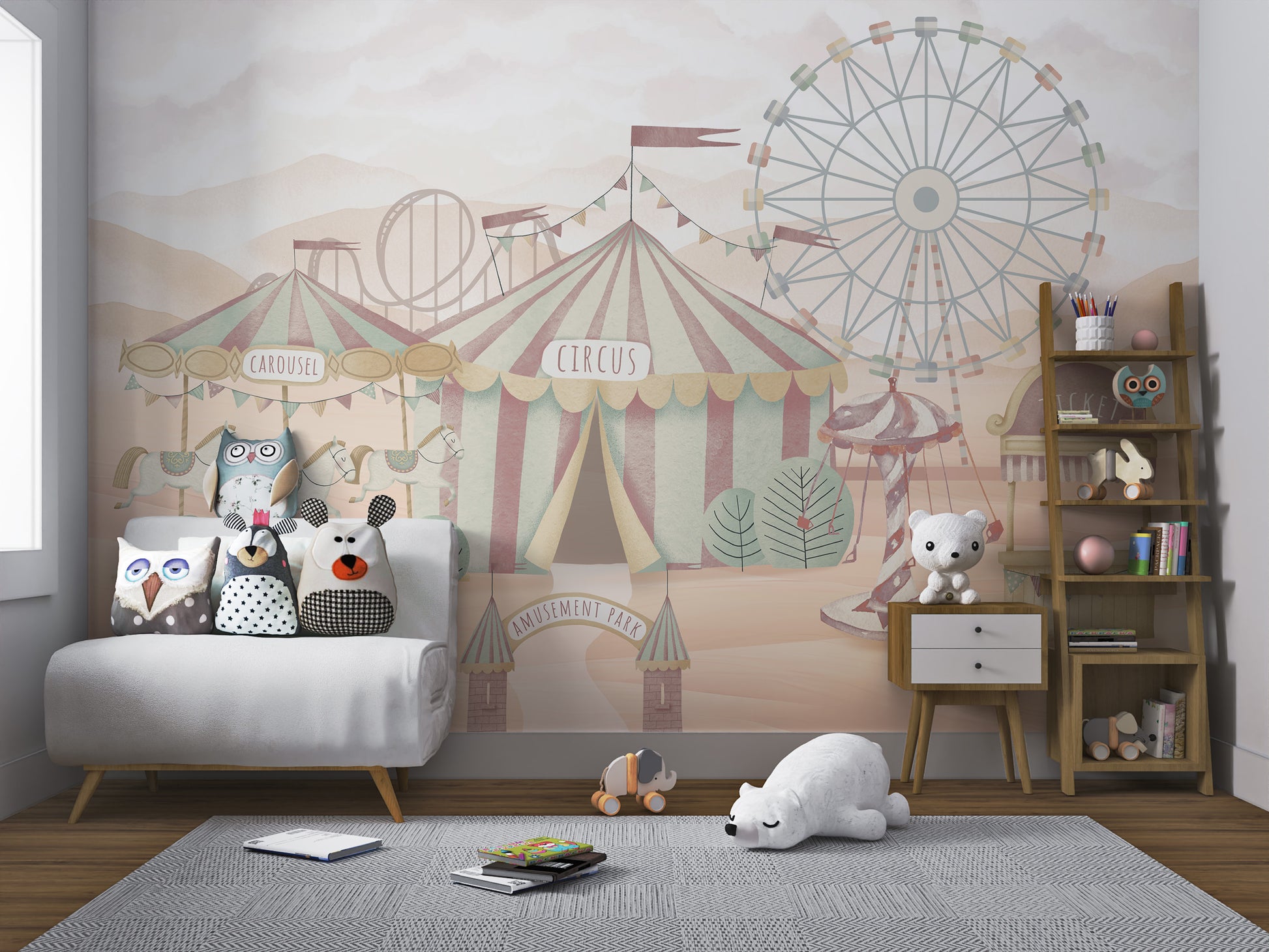 Pastel-colored circus mural featuring a Ferris wheel, carousel, and striped circus tent under a soft sky.