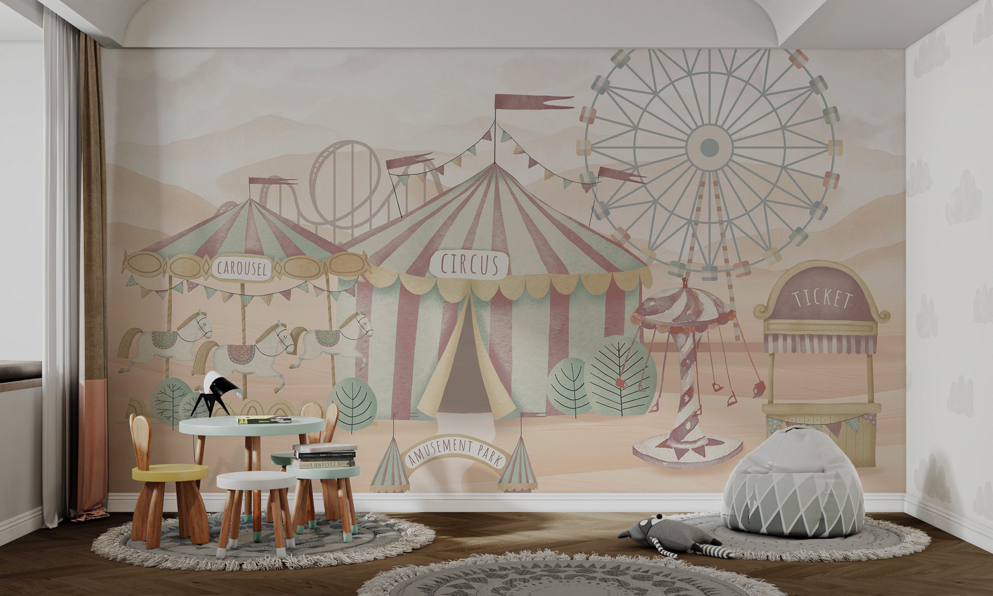 Circus mural with a striped tent, carousel horses, Ferris wheel, and ticket booth for a playful theme.