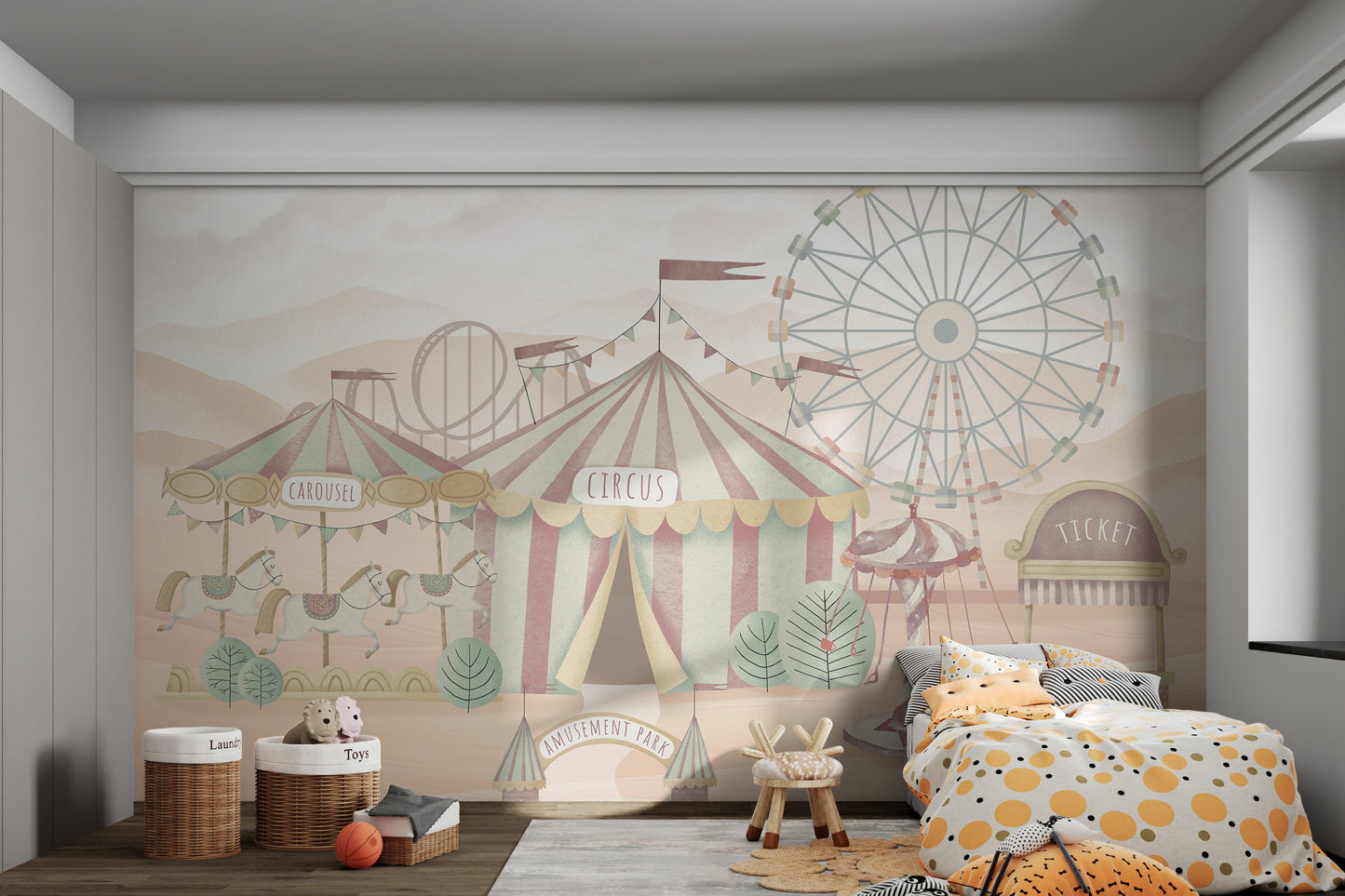 Vintage-inspired circus wallpaper featuring a carousel, Ferris wheel, striped tent, and rollercoaster in soft hues.