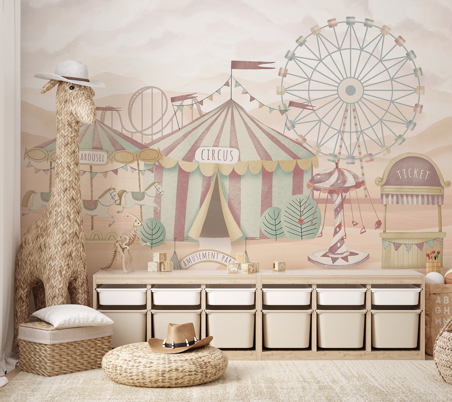 Soft-tone circus mural featuring a striped tent, carousel horses, Ferris wheel, and amusement park entrance.