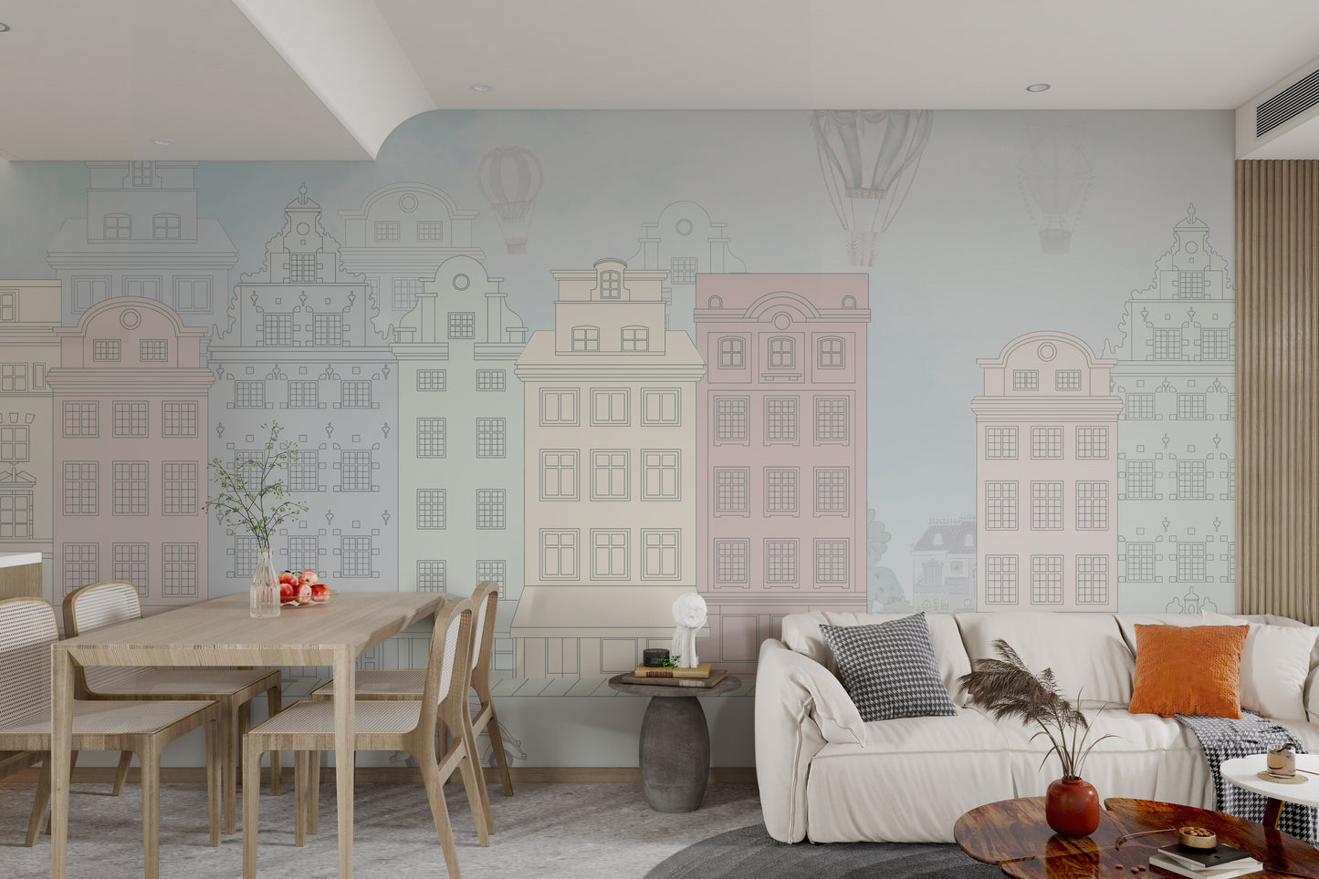 Vintage European-style mural with a boulevard of pastel buildings, hot air balloons, and retro cars.