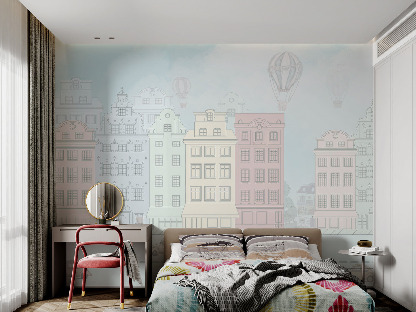 Delicate mural of old-town buildings with muted colors, hot air balloons, and light clouds.