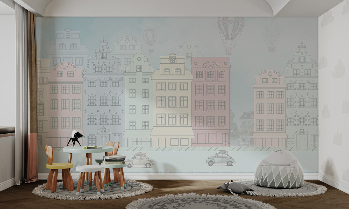 Vintage wallpaper mural showing quaint European buildings with floating airships in the background.