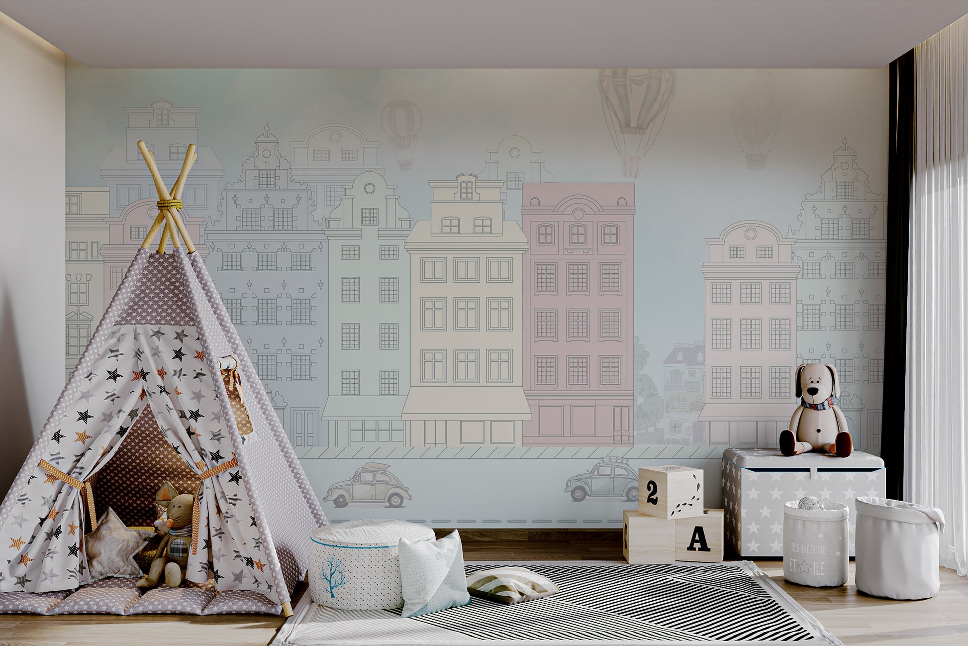 Charming wallpaper mural of a boulevard with soft-colored buildings, hot air balloons, and vintage cars.