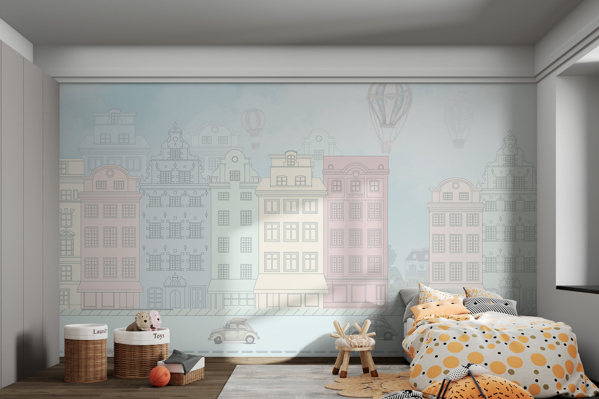 Vintage city boulevard mural with pastel-colored European houses and hot air balloons in a cloudy sky.