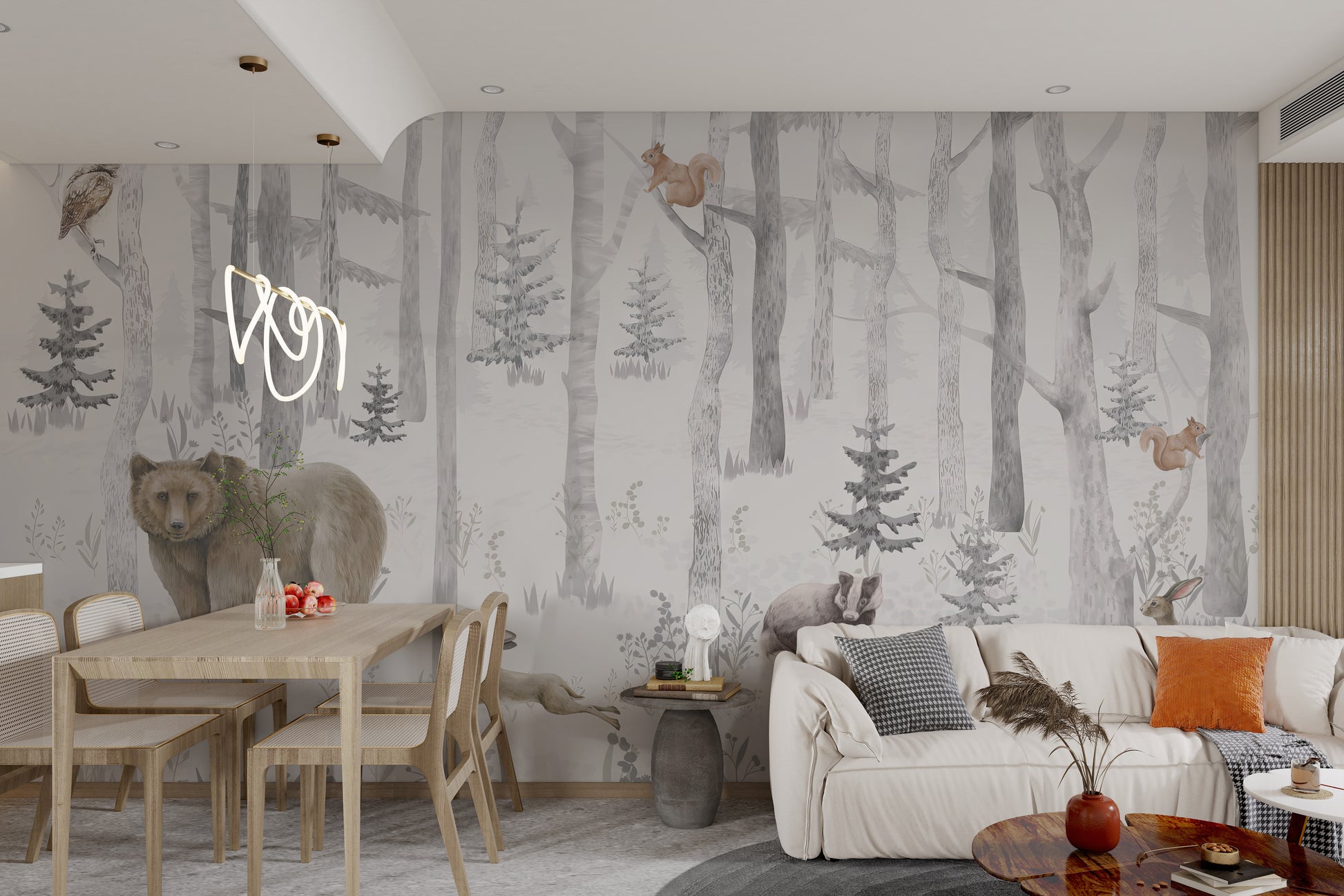 A winter-themed forest mural with delicate foliage and playful wildlife.