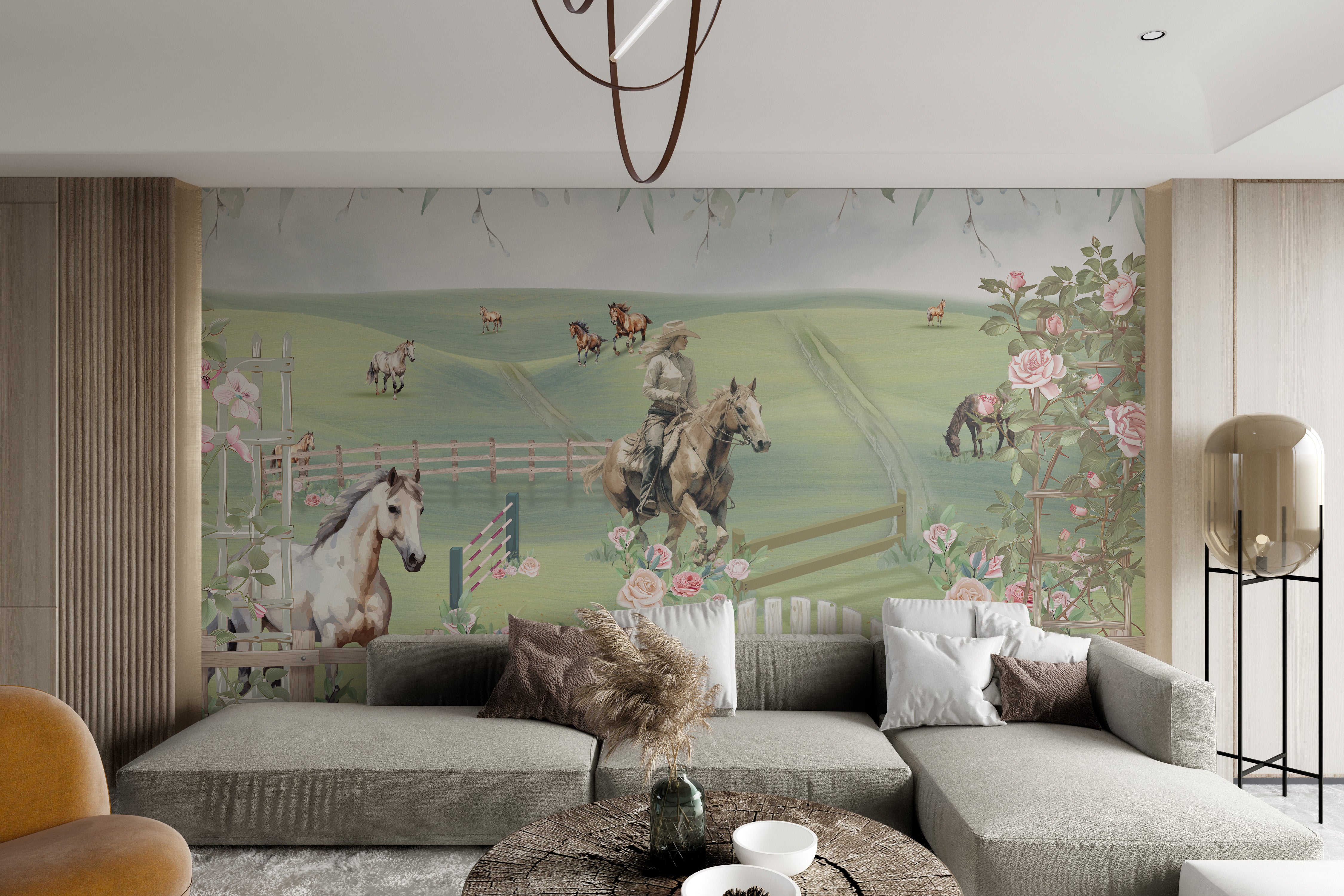 Rider on horseback amidst meadows, wooden fences, and colorful roses in full bloom.