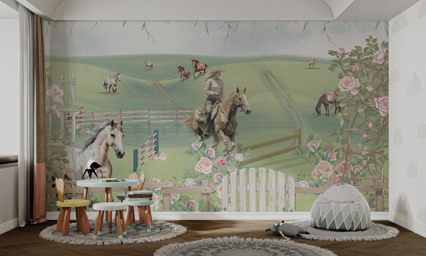 Pastoral mural featuring a horse rider, floral fences, and ponies across rolling hills.