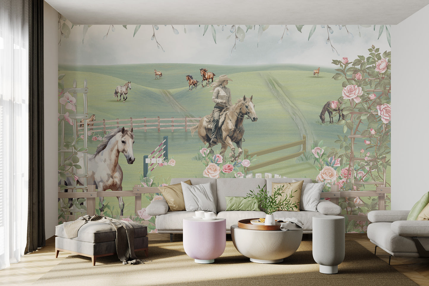 Green meadows with playful ponies, a horse rider, and pastel roses in bloom.