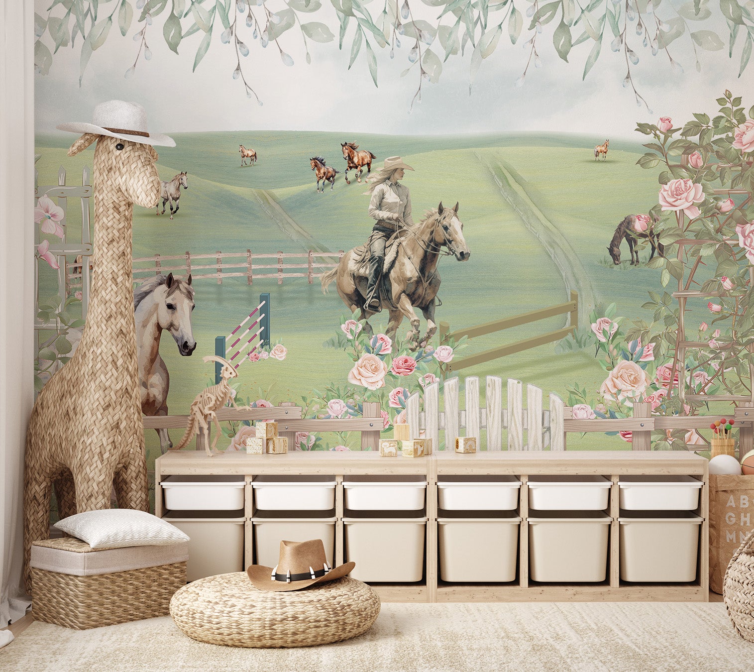 Scenic countryside mural with horses, floral trellises, and wooden gates among rolling fields.