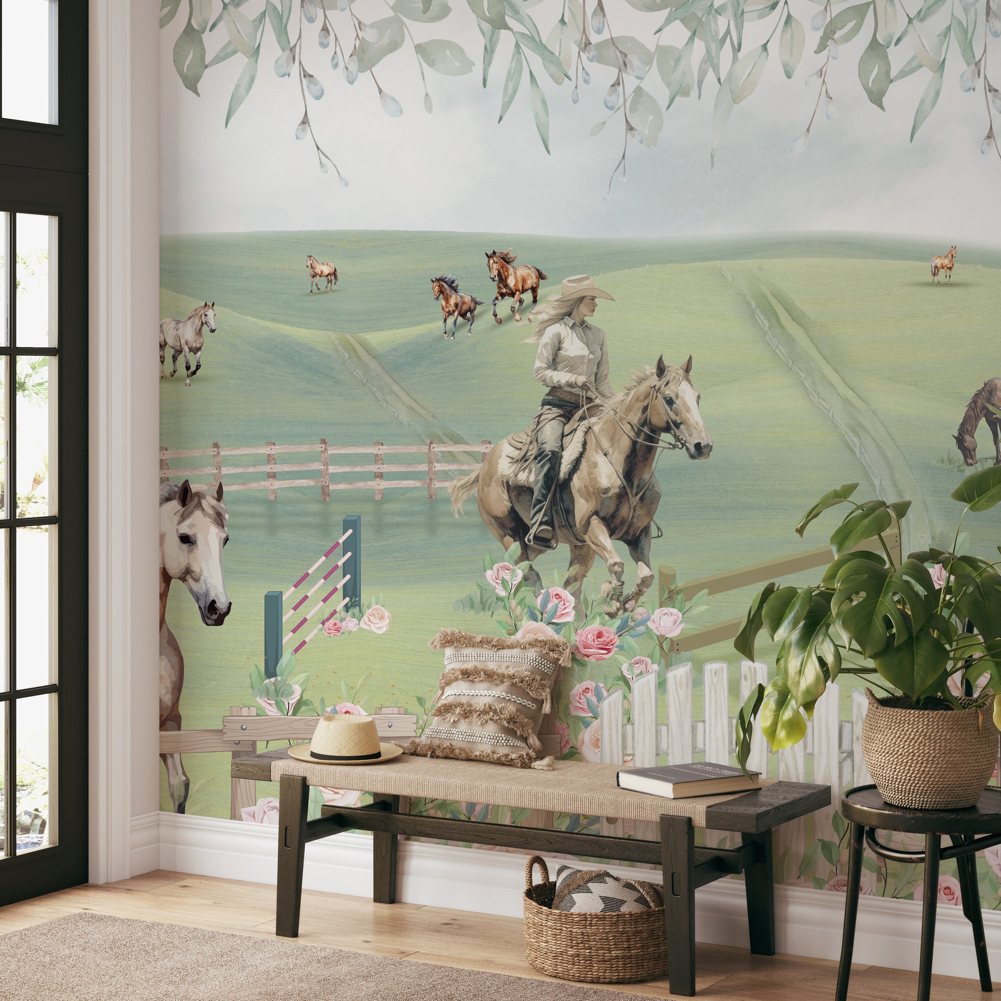 Pastoral pony scene with galloping horses, floral fences, and trellises under soft skies.