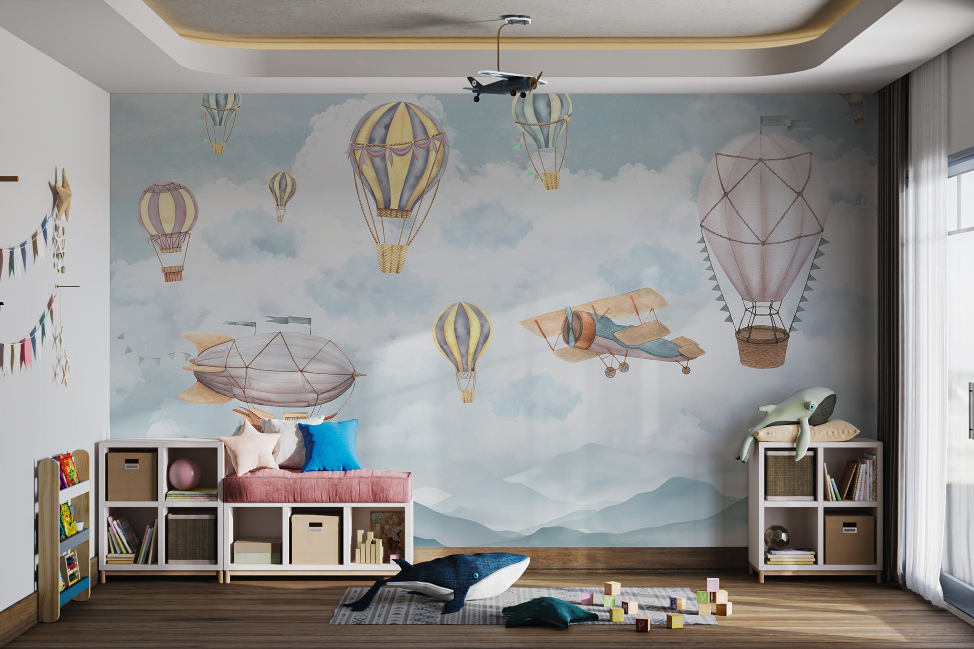 Retro airplane flying among whimsical airships in soft pastel clouds.