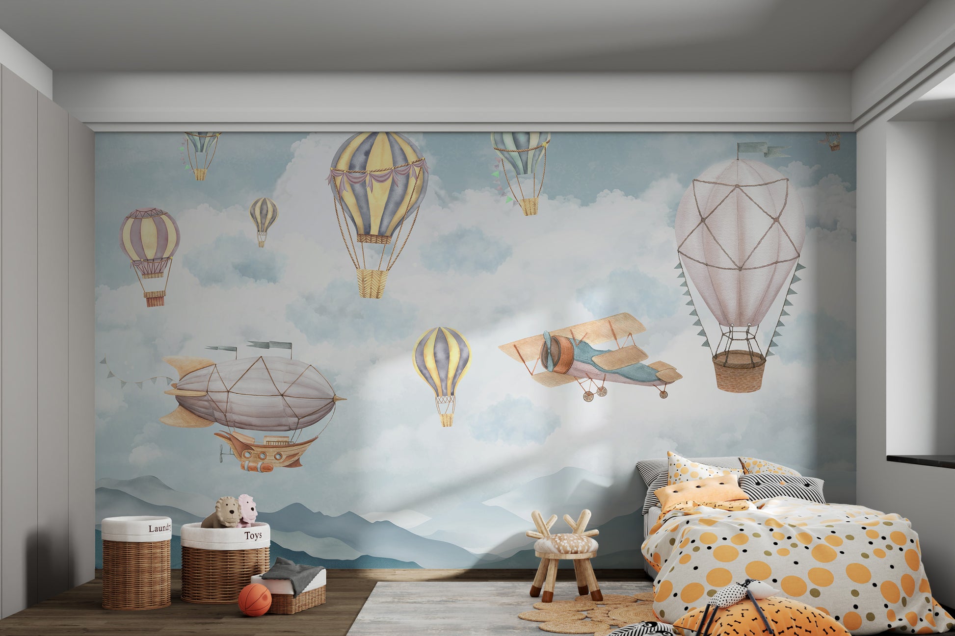 Hot air balloons floating gently above pastel-colored mountain ranges.